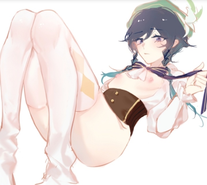 blush, breasts, cute, femboy, genshin impact, male, male focus, male only, nipples, small breasts, teasing, thighs, venti (genshin impact)