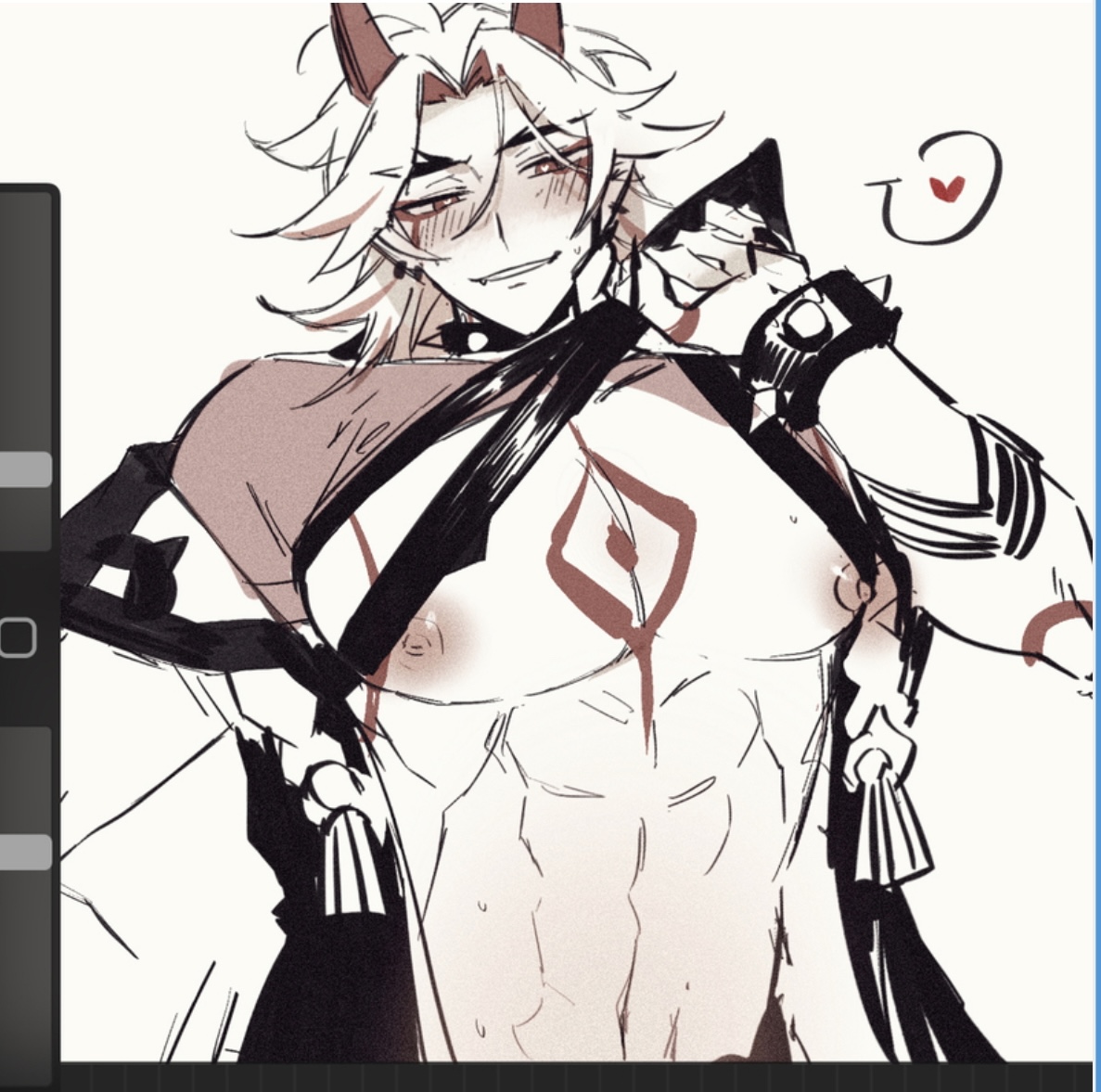 1boy, abs, arataki itto, blush, body markings, breasts, buff, choker, clothes pull, clothing lift, genshin impact, kakkaorz, long nails, male, male only, muscular, muscular bottom, muscular sub, nipples, oni, oni horns, pecs, presenting breasts, presenting pecs, solo, spoken heart, sweat