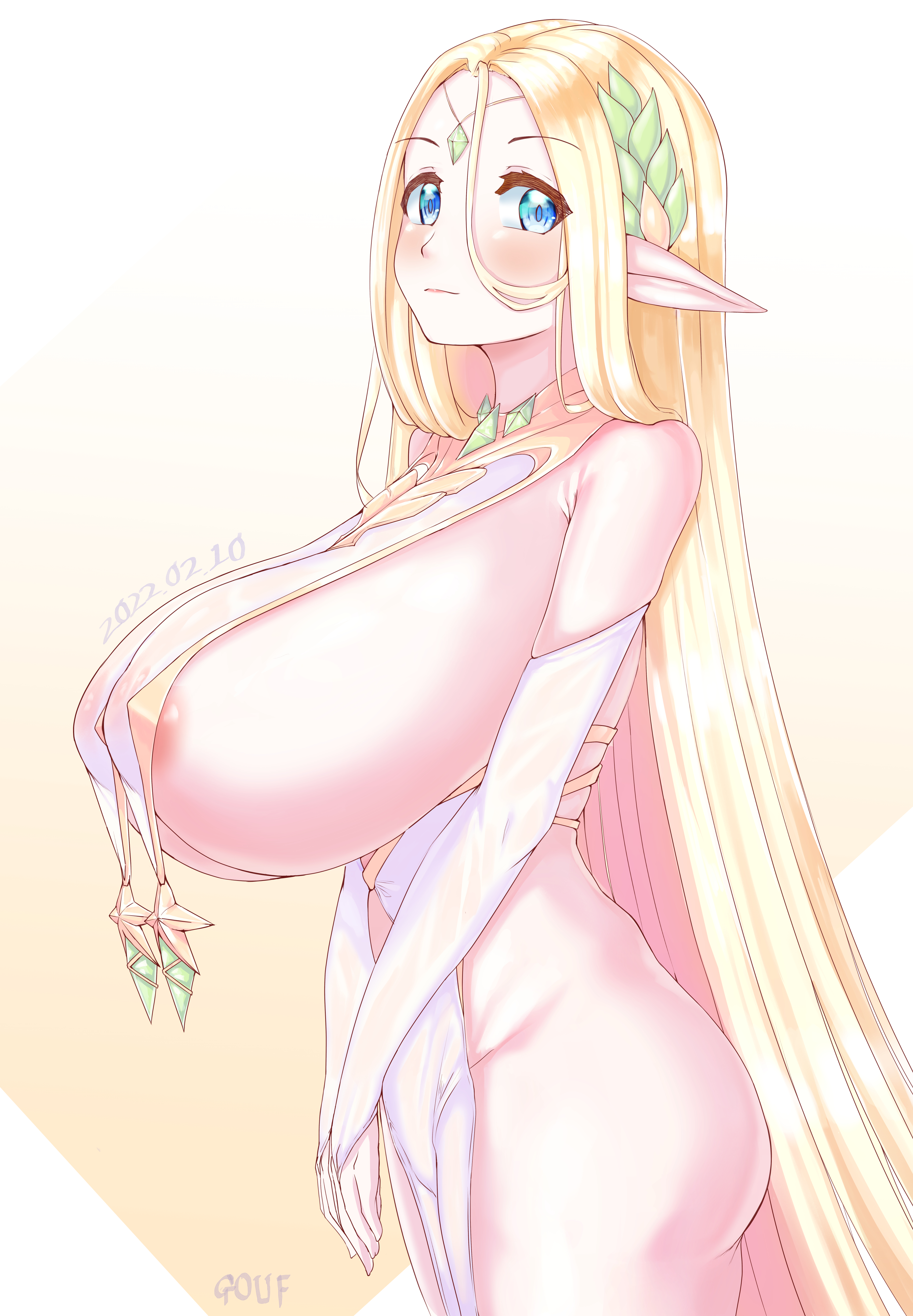 1girls, 2021, areola, areola slip, armwear, ass, big breasts, blonde hair, blue eyes, blush, breast curtains, breasts, cerestia of life, closed mouth, dress, elf, female, female focus, female only, gouf (artist), huge breasts, last origin, long hair, pointy ears, sideboob, simple background, solo, solo female