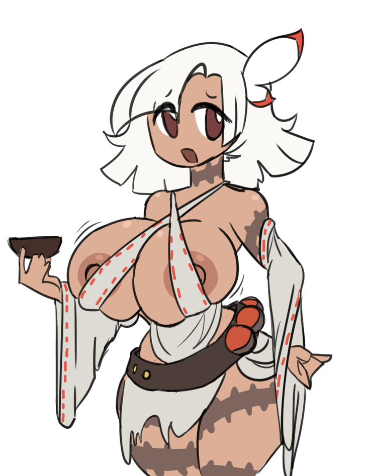 areola areolae byternomar cute dark-skinned_female dark_skin exposed_breasts exposed_nipples female large_breasts loose_clothes oc original original_character short_hair sketch tan_skin tanned_female tanned_skin tribal tribal_markings tribal_tattoo white_hair