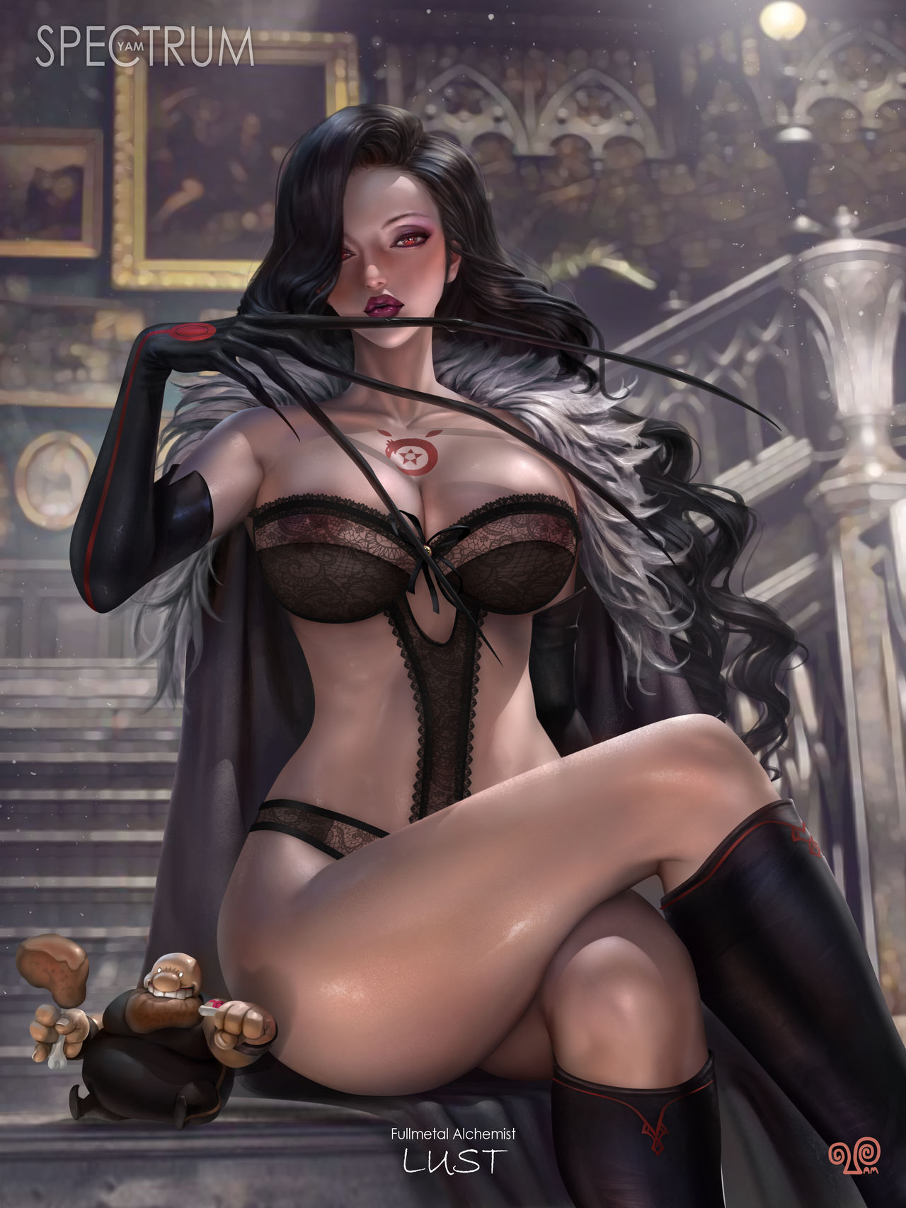 1boy 1girls areolae big_breasts black_hair claws cleavage crossed_legs eyeshadow female female_focus fullmetal_alchemist fur_trim gluttony_(fullmetal_alchemist) hair_over_one_eye large_breasts lingerie lipstick long_hair looking_at_viewer lust_(fullmetal_alchemist) male nipples_visible_through_clothing petite pinup purple_lipstick red_eyes seductive_look sharp_fingernails sitting solo_focus tattoo thick_lips thick_thighs voluptuous yam_spectrum