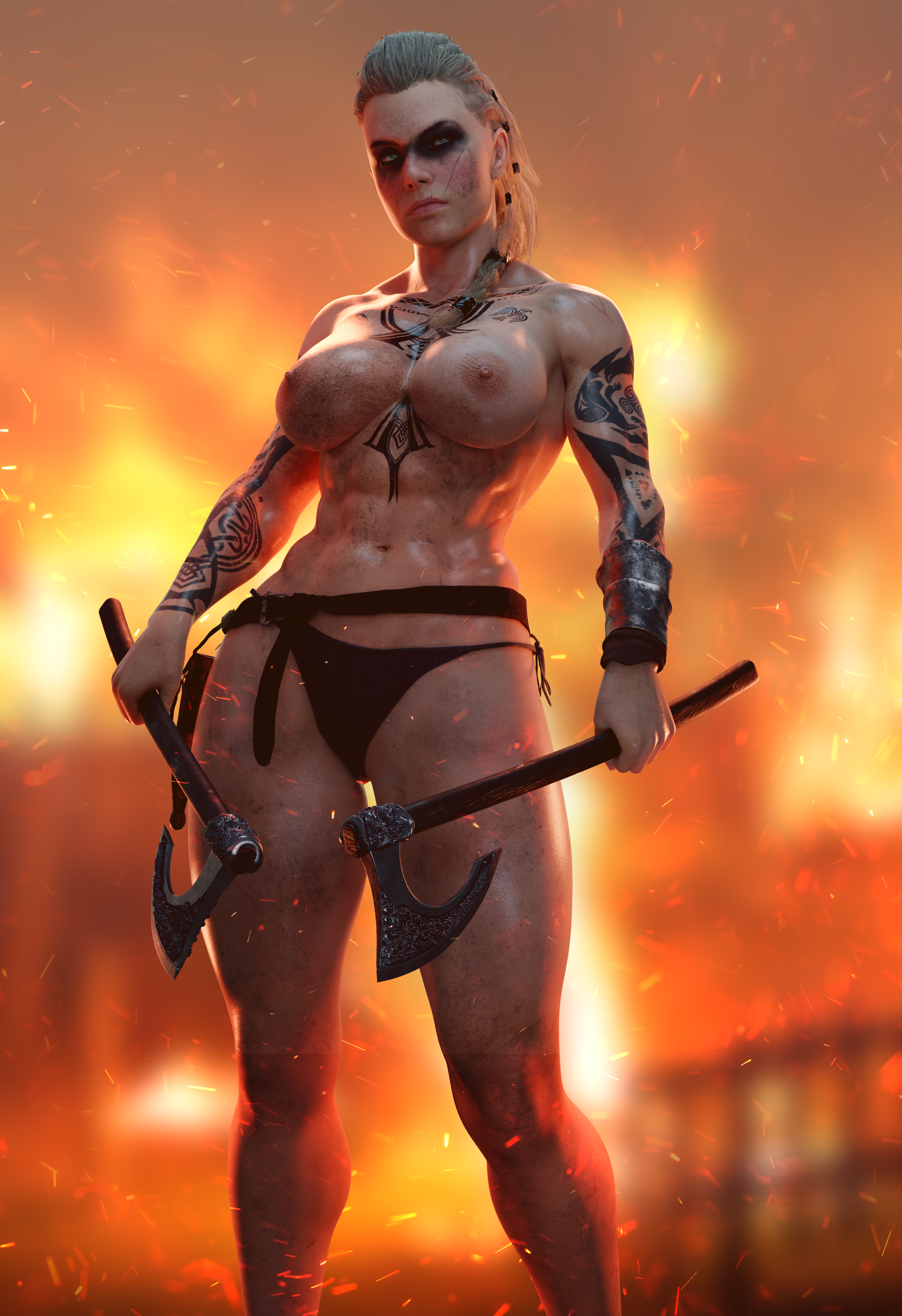 1girls, 3d, assassin's creed (series), assassin's creed valhalla, batesz, blonde hair, breasts, dirty, eivor varinsdottir, female, female only, female protagonist, looking at viewer, nipples, scar, solo, solo female, tattoo, tattoos, thick thighs, ubisoft, viking, viking female, weapon