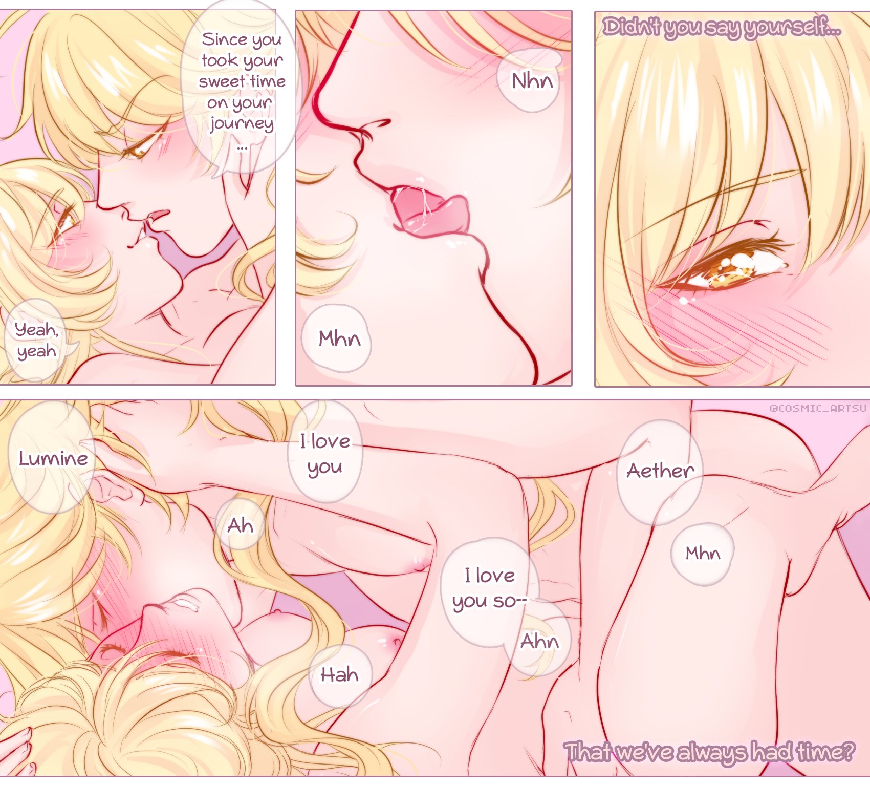 aether (genshin impact), blonde hair, breasts, brother and sister, comic, cosmic artsu, english text, family sex, female, french kiss, genshin impact, happy, happy sex, hoyoverse, incest, kissing, light-skinned female, light-skinned male, lumine (genshin impact), male, male on top, medium breasts, mihoyo, missionary position, neck kiss, nude, passionate, pussy, sex, siblings, text, twincest, twins, vaginal penetration