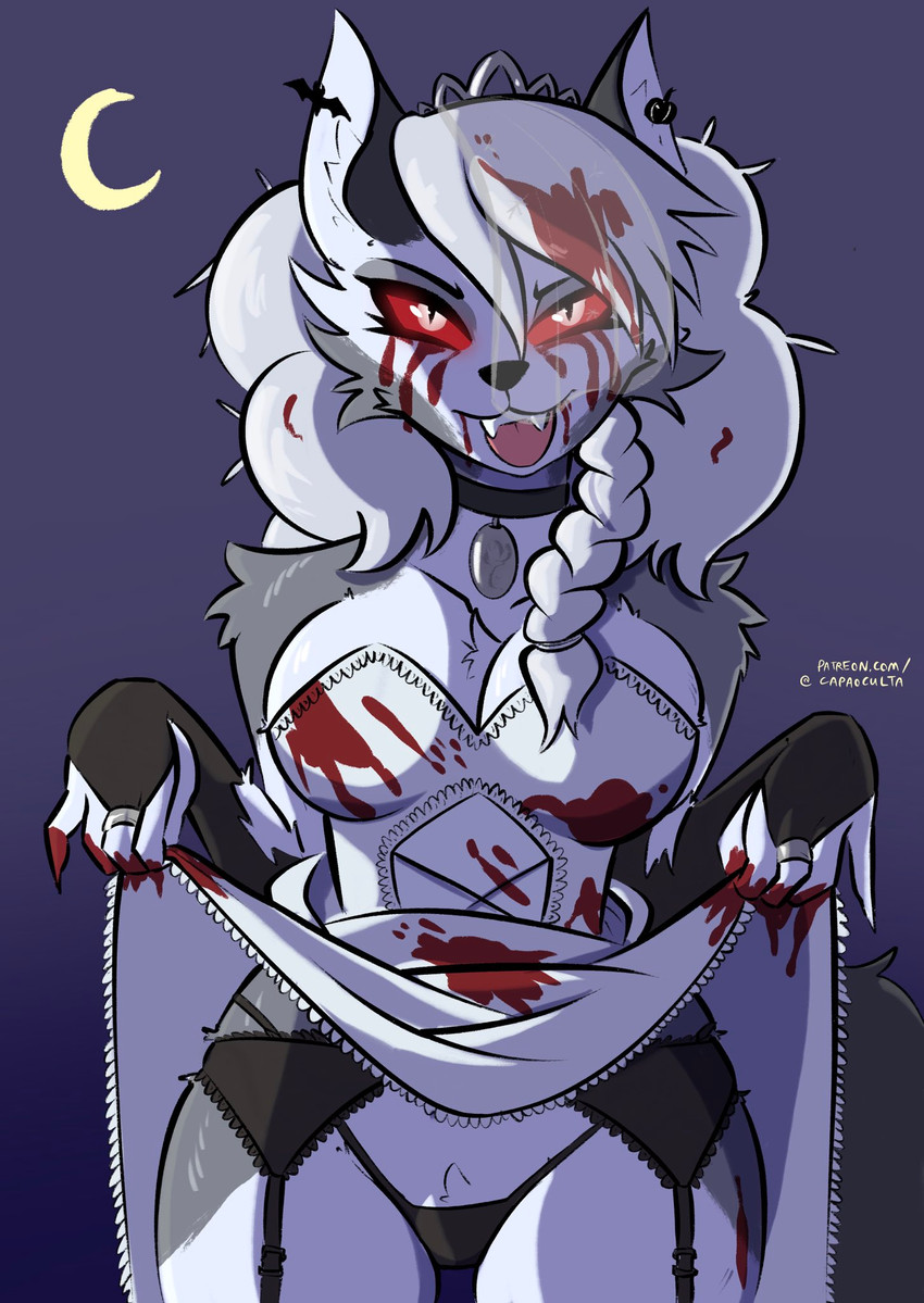 anthro blood bodily_fluids braid canid canid_demon capaoculta clothing demon dress ear_piercing female furry goth hellhound helluva_boss high_res loona_(helluva_boss) mammal monster piercing red_eyes wedding_dress white_body