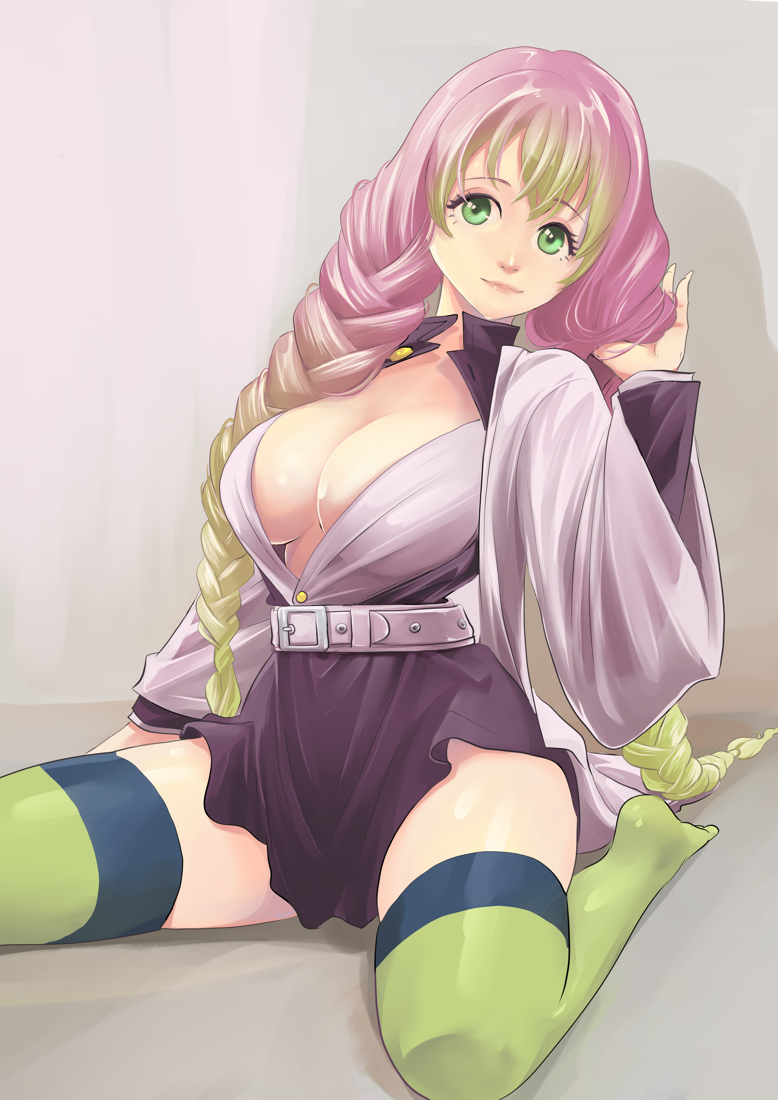 1girls, bangs, big breasts, braided hair, breasts, cleavage, demon slayer, female, female only, green eyes, haori, hi res, kanroji mitsuri, kimetsu no yaiba, long hair, milkeyquinn, miniskirt, no bra, open shirt, pink hair, pink-haired female, sitting, smile, solo, thighhighs, two-tone hair, unbuttoned shirt, uniform, very long hair, wariza, zettai ryouiki