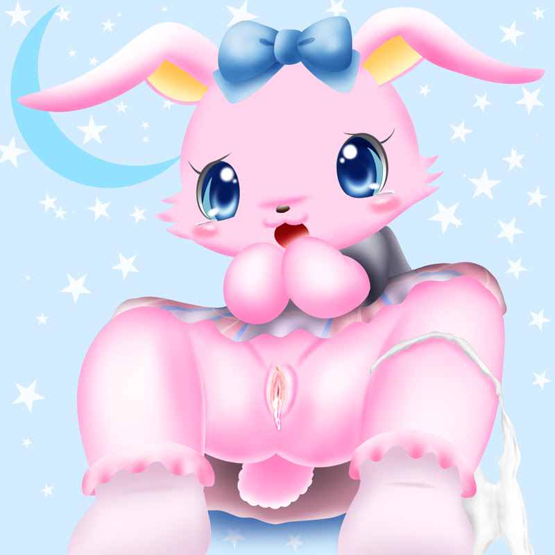 1:1 anthro blue_eyes blush bodily_fluids clothing doggy_(pixiv) dress female fur genital_fluids genitals jewelpet lagomorph leporid luna_(jewelpet) mammal panties panties_around_one_leg pink_body pink_fur pussy pussy_juice rabbit ribbons sanrio solo underwear underwear_around_one_leg upskirt