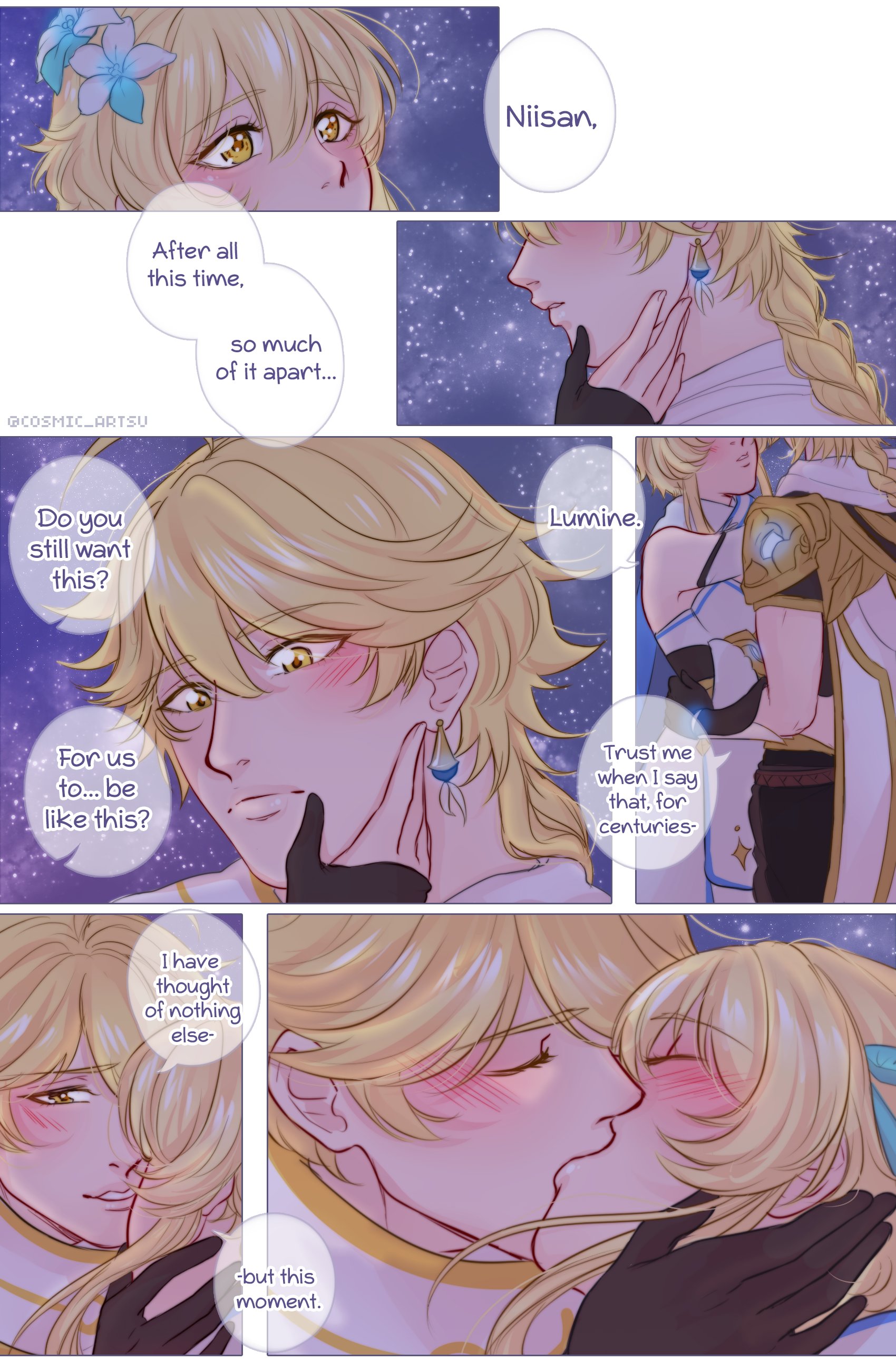 1boy, 1girls, aether (genshin impact), blonde hair, blushing, blushing at partner, blushing profusely, brother and sister, clothed, comic, cosmic artsu, earring, english text, family sex, female, genshin impact, hair ornament, hetero, hoyoverse, imminent incest, incest, kissing, light-skinned female, light-skinned male, lumine (genshin impact), male, male/female, mihoyo, passionate, passionate kiss, siblings, straight, text, twincest, twins