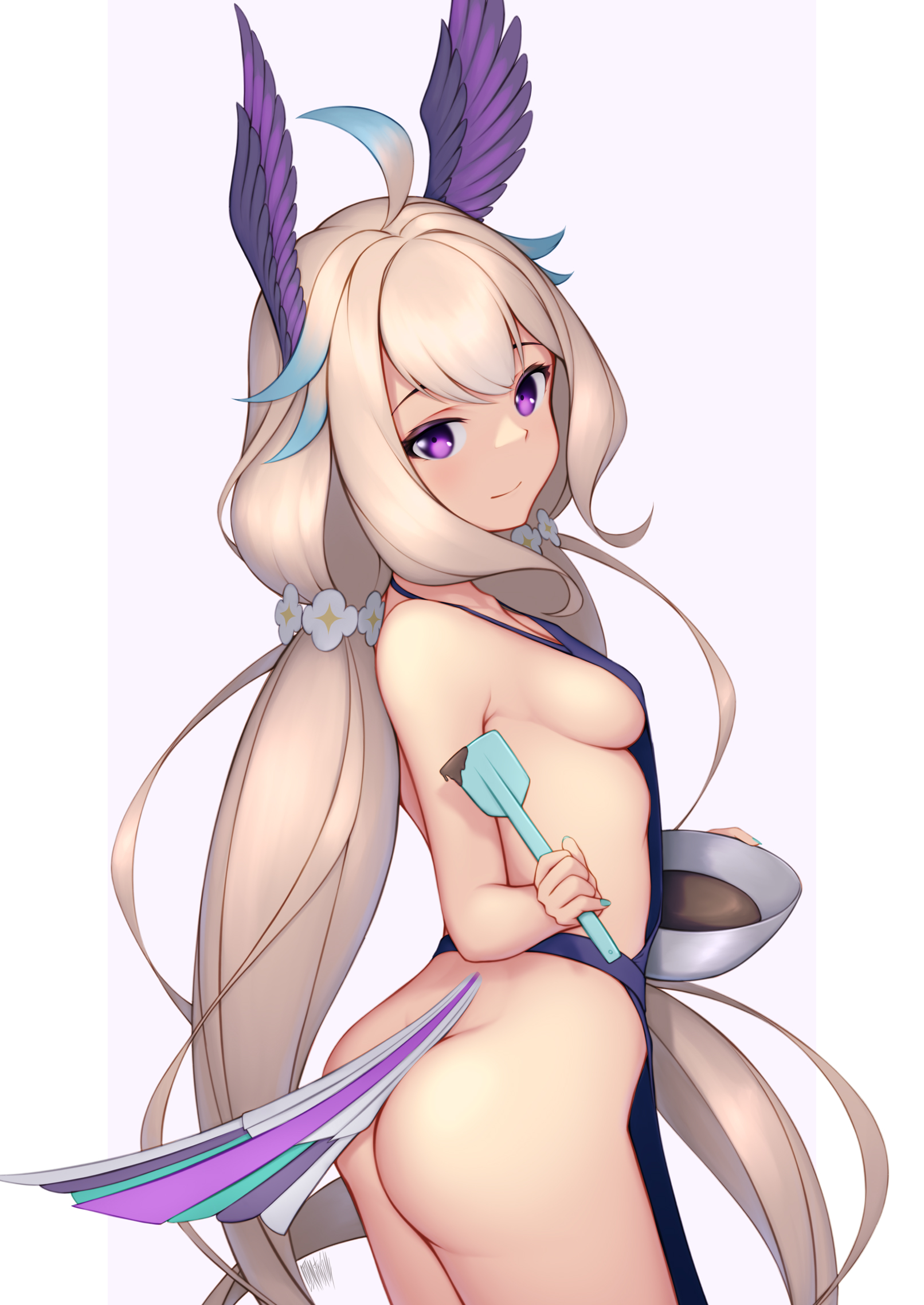 apron only, ass, breasts, enna alouette, female, naked apron, nijisanji, nijisanji en, nitrus14, no bra, no panties, purple eyes, sideboob, small breasts, virtual youtuber, white hair, wings