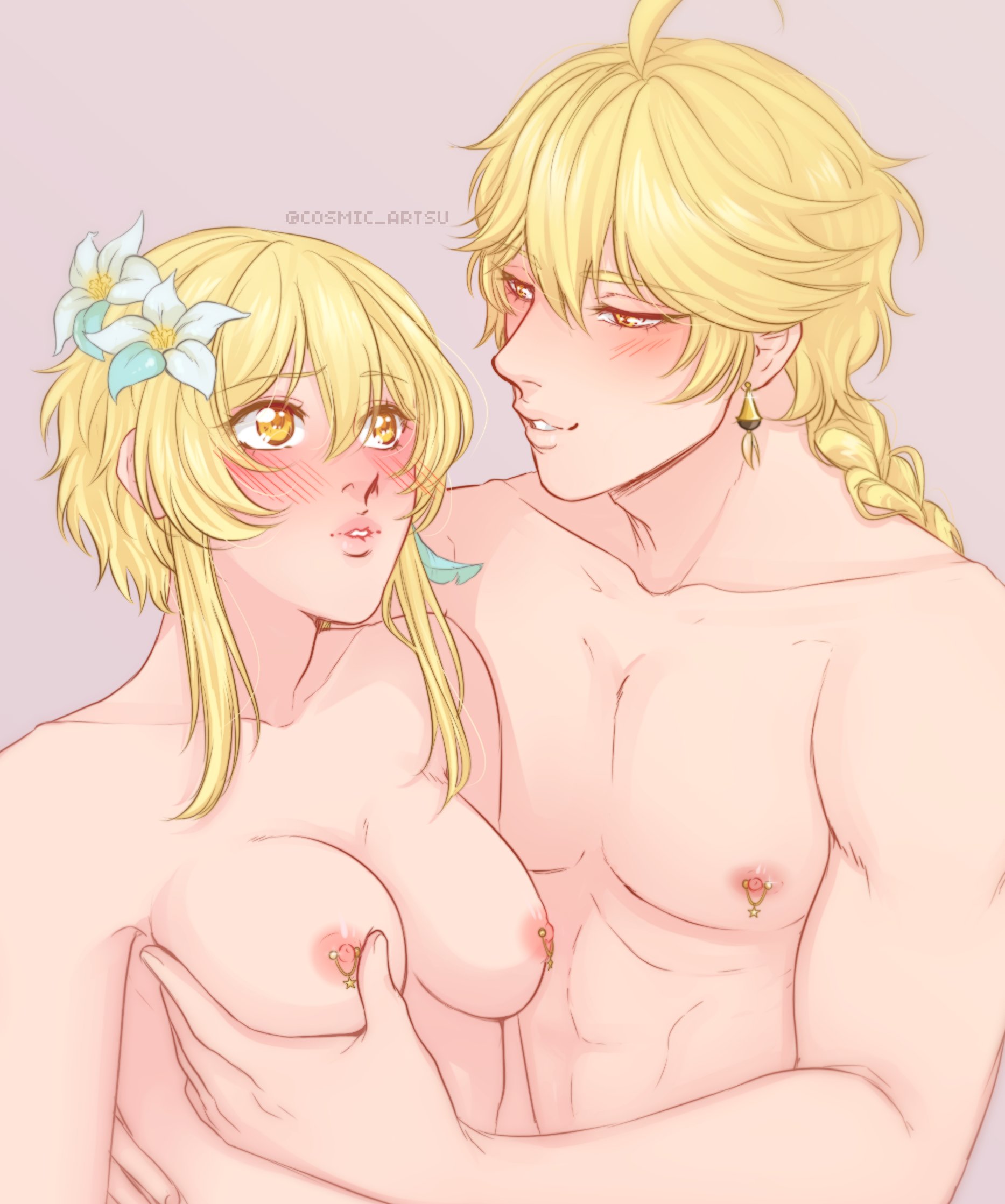 1boy, 1girls, aether (genshin impact), blonde hair, blush, blushing, blushing at partner, breast grab, breasts, brother and sister, cosmic artsu, earring, embarrassed, family sex, female, genshin impact, hair ornament, hetero, hoyoverse, imminent incest, imminent kiss, incest, light-skinned female, light-skinned male, long hair, looking at another, lumine (genshin impact), male, male and female focus, male/female, medium breasts, medium hair, mihoyo, naked, nipple piercing, nipples, nude, nude female, nude male, piercing, ponytail, siblings, smile, straight, twincest, twins, wholesome