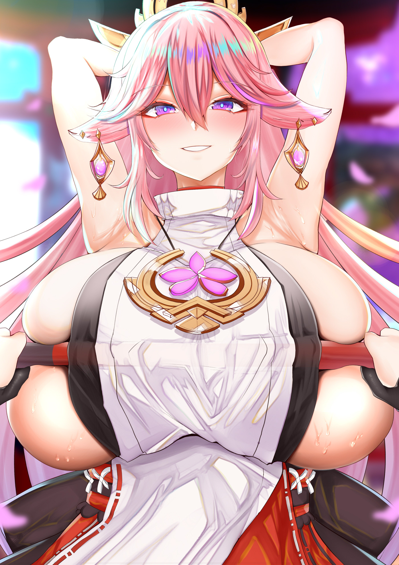 1girls, animal ears, armpits, arms up, bare shoulders, blush, breast press, breasts, chomikuplus, female, fox ears, fox girl, genshin impact, hair between eyes, hair ornament, half-closed eyes, highres, holding, holding weapon, huge breasts, japanese clothes, looking at viewer, miko, purple eyes, seductive smile, sideboob, skindentation, smile, staff, sweat, upper body, weapon, yae miko