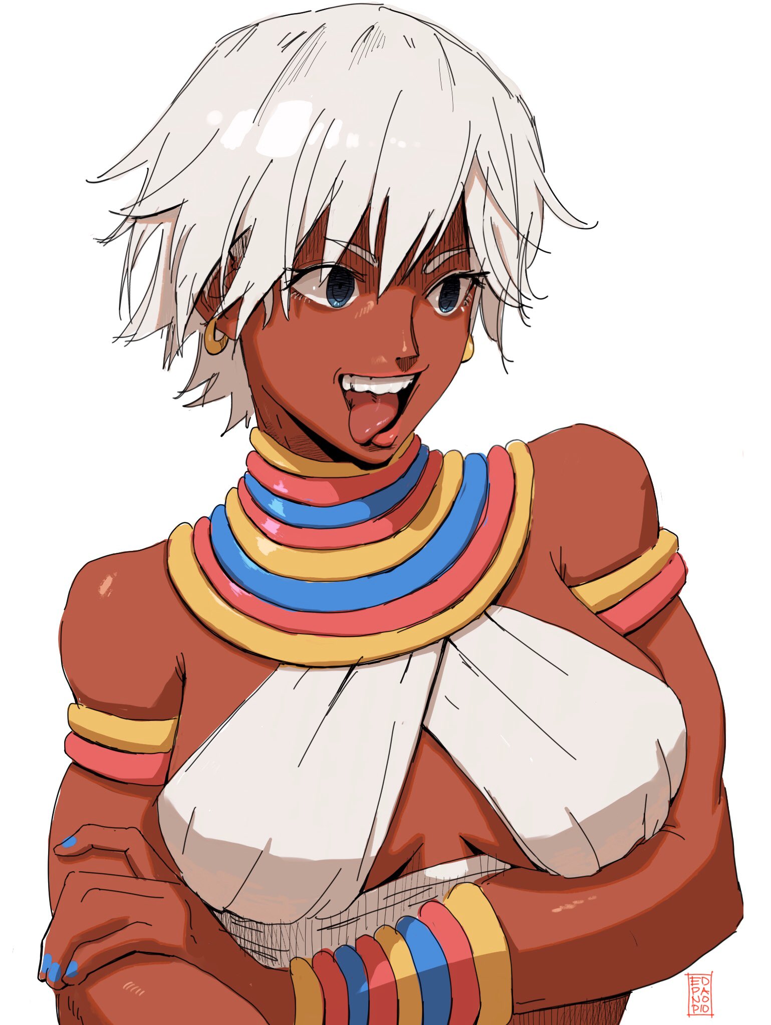 1girls, armlet, bikini top, blue eyes, blue fingernails, bracelet, breasts, clothed, dark skin, dark-skinned female, earrings, ed panopio, elena (street fighter), female, medium breasts, neck ring, silver hair, slq, solo, street fighter, street fighter iii, street fighter iii: 3rd strike, tongue, tongue out