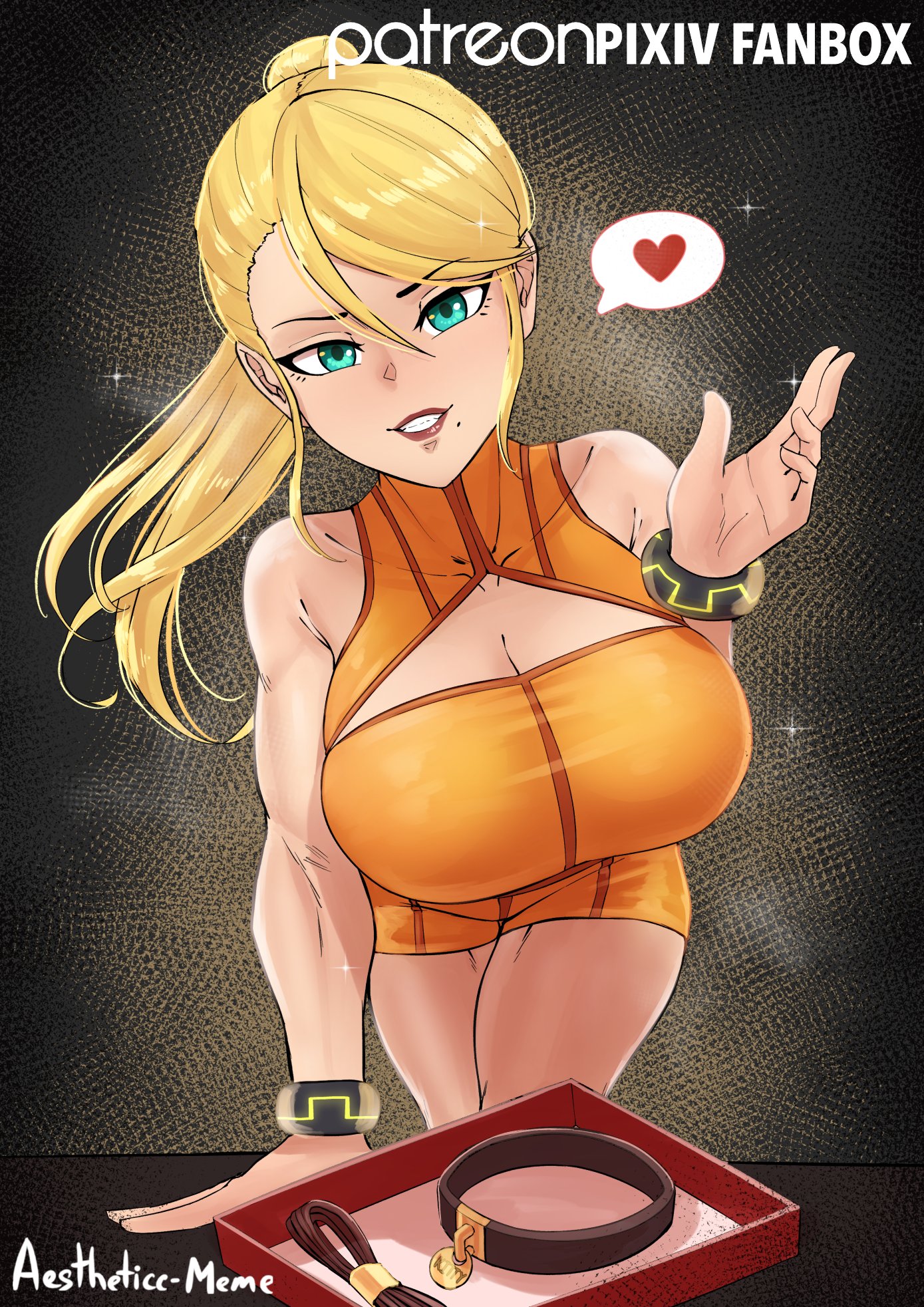 aestheticc-meme, big breasts, blonde hair, blue eyes, breasts, casual outfit (metroid), collar, female, gift, heart, large breasts, leash, looking at viewer, metroid, samus aran, solo, solo female, tomboy