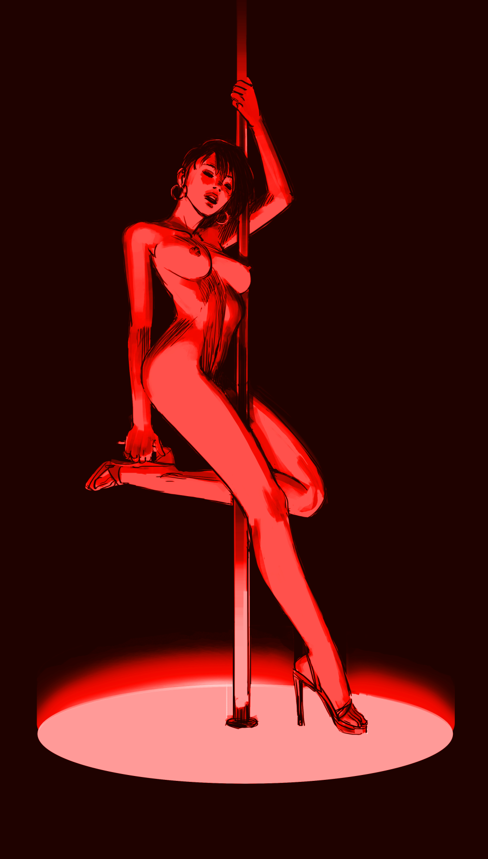 ass au_(artist) breasts erect_nipples high_heels legs nipples pole_dancing