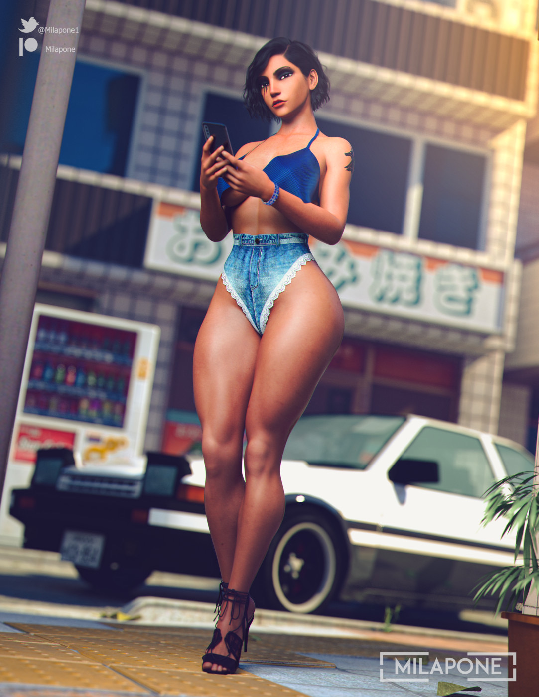 1girls, 3d, 3d (artwork), abs, bare legs, bare midriff, bare thighs, blizzard entertainment, breasts, dark skin, dark-skinned female, denim shorts, female, female focus, female only, hi res, high heels, jean shorts, midriff, milapone, open toe shoes, overwatch, pharah, short hair, shorts, sideboob, solo, solo female, solo focus, thick thighs, underboob, wide hips