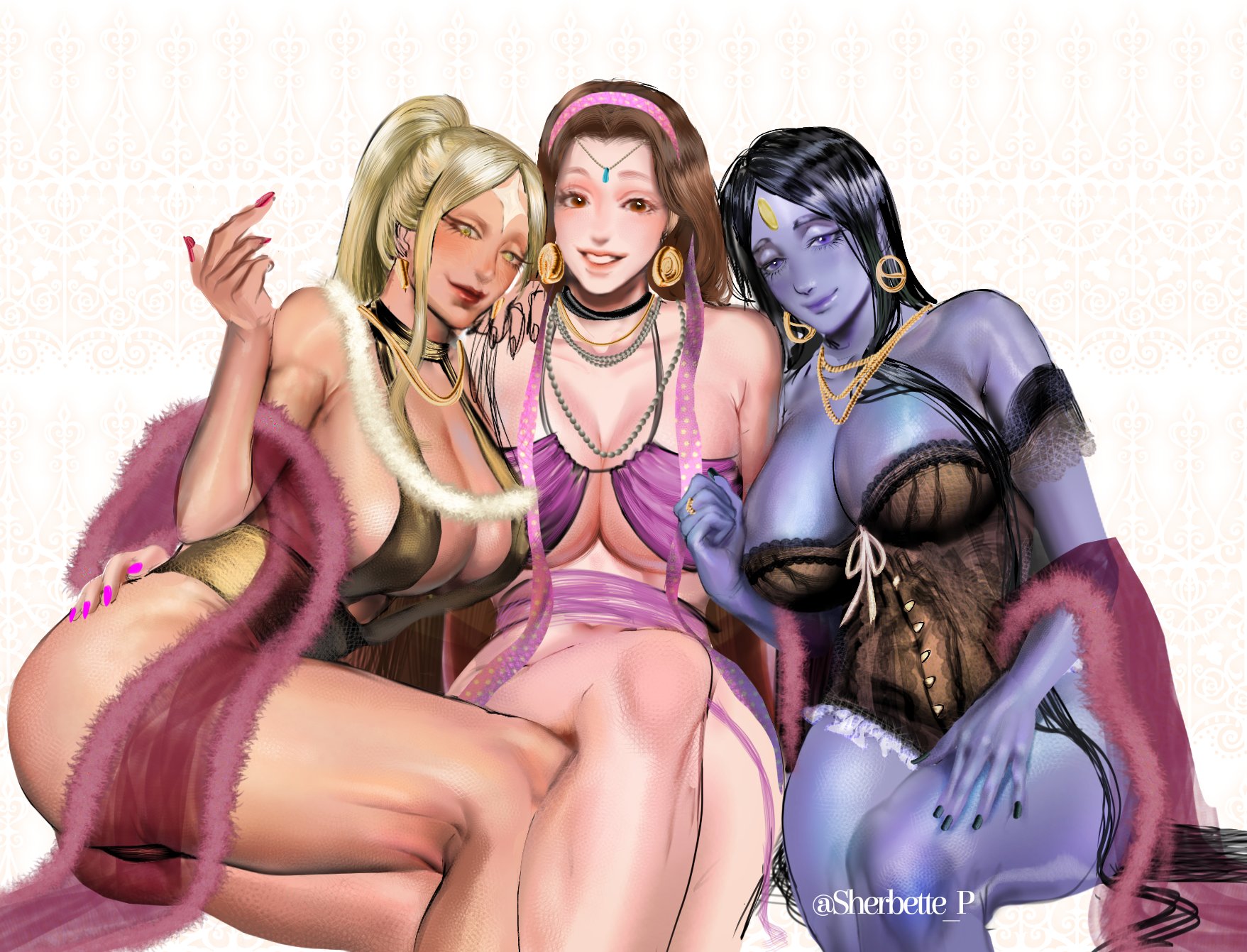 3girls, artist name, big breasts, black hair, blonde hair, blue eyes, blue skin, breasts, brown eyes, brown hair, cleavage, clothed, crossed legs, durga (shuumatsu no valkyrie), earrings, female, female only, goddess, gold eyes, hairband, hi res, indian, indian female, jewelry, kali (shuumatsu no valkyrie), legs, light skin, light-skinned female, long hair, looking at viewer, multiple females, multiple girls, nail polish, no sex, parvati (shuumatsu no valkyrie), ponytail, realistic, scarf, sherbette p, shuumatsu no valkyrie, tanned female, thick thighs, trio, underboob, watermark, white background