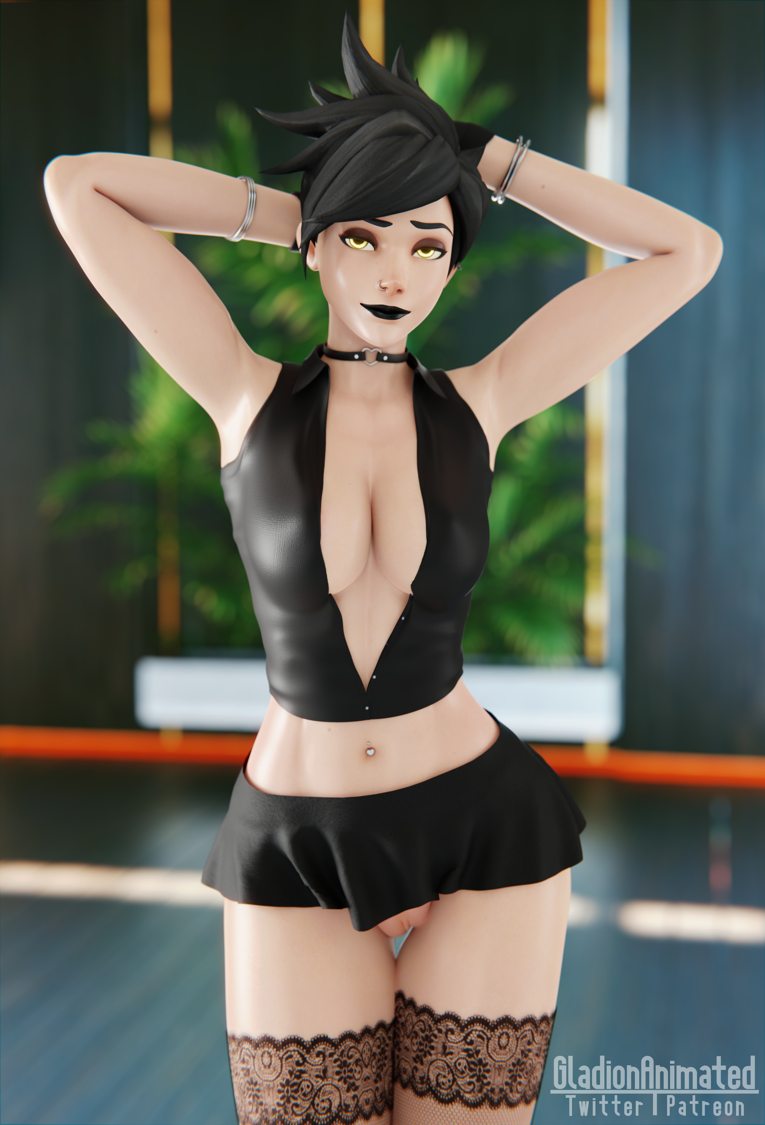 1girls, 3d, 3d (artwork), abs, alternate costume, athletic, athletic female, belly piercing, big breasts, black hair, black lipstick, blender, blender (software), breasts, busty, choker, cleavage, cleavage cutout, curvy, exposed pussy, eye contact, female, fit, fit female, gladionanimated, glowing eyes, goth, hand on head, human, jewelry, light skin, light-skinned female, looking at viewer, necklace, nipples, no bra, no panties, nose piercing, nose ring, open clothes, open shirt, overwatch, pale skin, pale-skinned female, piercing, posing, pussy, ring, skirt, smile, smiling, smiling at viewer, solo, solo female, solo focus, standing, stockings, teasing, thick thighs, thighs, tracer, yellow eyes
