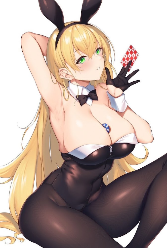 blonde_hair bunnysuit card green_eyes pantyhose playing_card poker poker_chip raiou