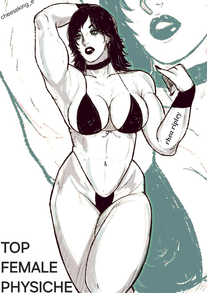 1girls, 2025, 2d, abs, armpit, artist name, artist upload, bikini, black hair, black lipstick, black nails, breasts, celebrity, character name, cheeseking e, choker, cleavage, collarbone, digital drawing (artwork), digital media (artwork), earring, english text, erect nipples, eyeshadow, female, female only, hand behind head, large breasts, light skin, light-skinned female, lipstick, looking away, makeup, medium hair, monochrome, muscular, muscular arms, muscular female, nail polish, pose, real person, rhea ripley, shoulder length hair, standing, text, thick thighs, whoaaa, wristbands, wwe
