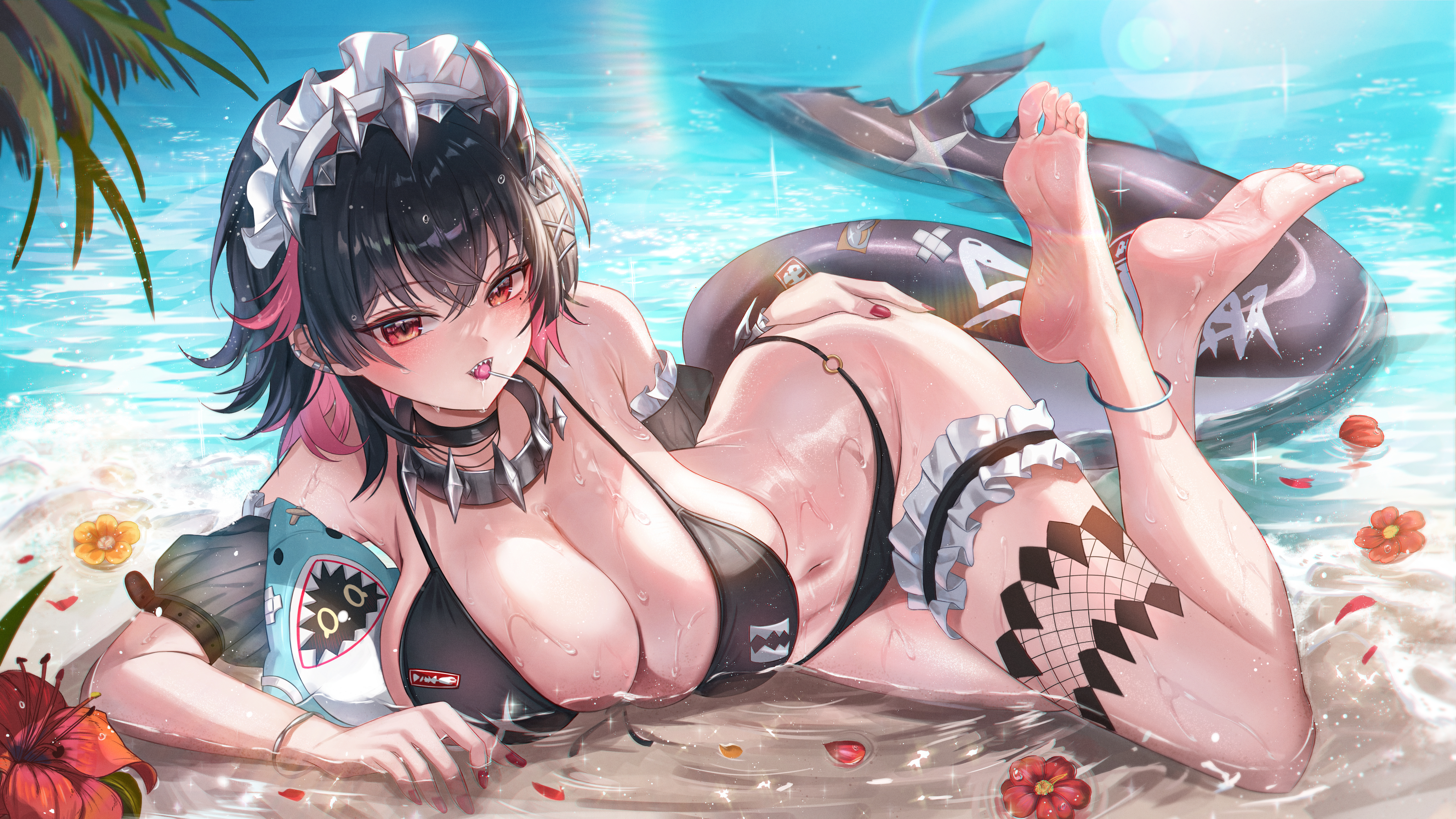 absurd res, accessory, animal humanoid, beach, big breasts, bikini, black bikini, black choker, black clothing, black hair, black jewelry, black necklace, black swimwear, breasts, choker, clothing, collar, colored nails, digital drawing (artwork), digital media (artwork), ellen joe, feet, female, fish, fish humanoid, fish tail, flower, hair, hair accessory, hairclip, hand on hip, hi res, humanoid, huru sensei, jewelry, leg ring, lollipop in mouth, looking at viewer, lying on ground, maid headdress, marine, marine humanoid, mihoyo, nails, necklace, on ground, outside, partially submerged, plant, plushie, red eyes, red flower, red nails, sand, sea, shark humanoid, shark tail, sharkboo, sharp teeth, short hair, soles, solo, spiked collar, spikes, starlip, swimwear, teeth, thiren, two-piece swimsuit, water, wet, wet body, zenless zone zero