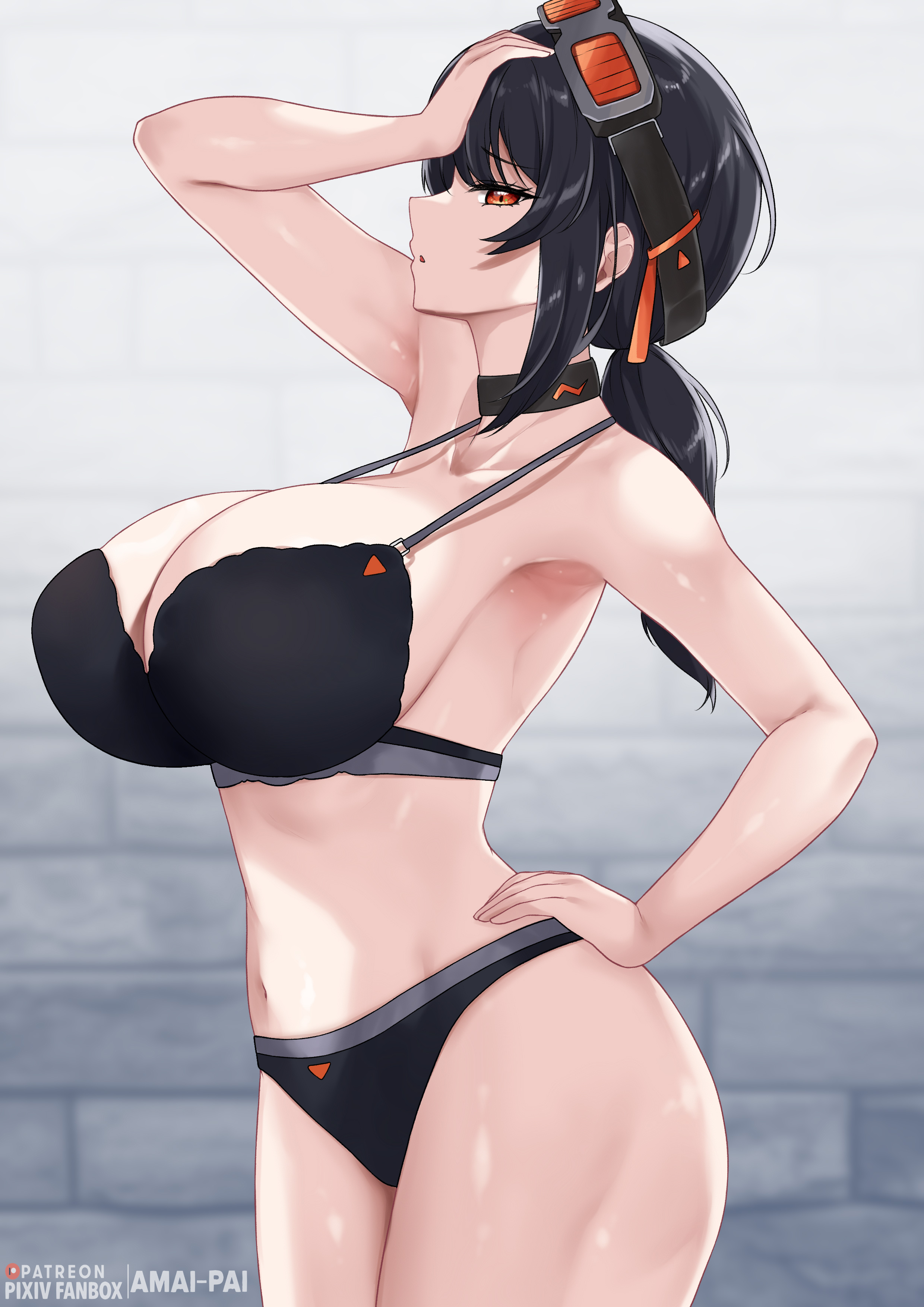 absurdres, amai-pai, armpits, artist name, belobog heavy industries, black bra, black choker, black hair, black panties, bra, breasts, choker, cleavage, collarbone, female, furrowed brow, goggles, goggles on head, grace howard, hair between eyes, hand on own head, hand on own hip, highres, large breasts, long hair, looking at viewer, navel, orange eyes, panties, parted lips, patreon username, ponytail, solo, stomach, thighs, underwear, underwear only, zenless zone zero