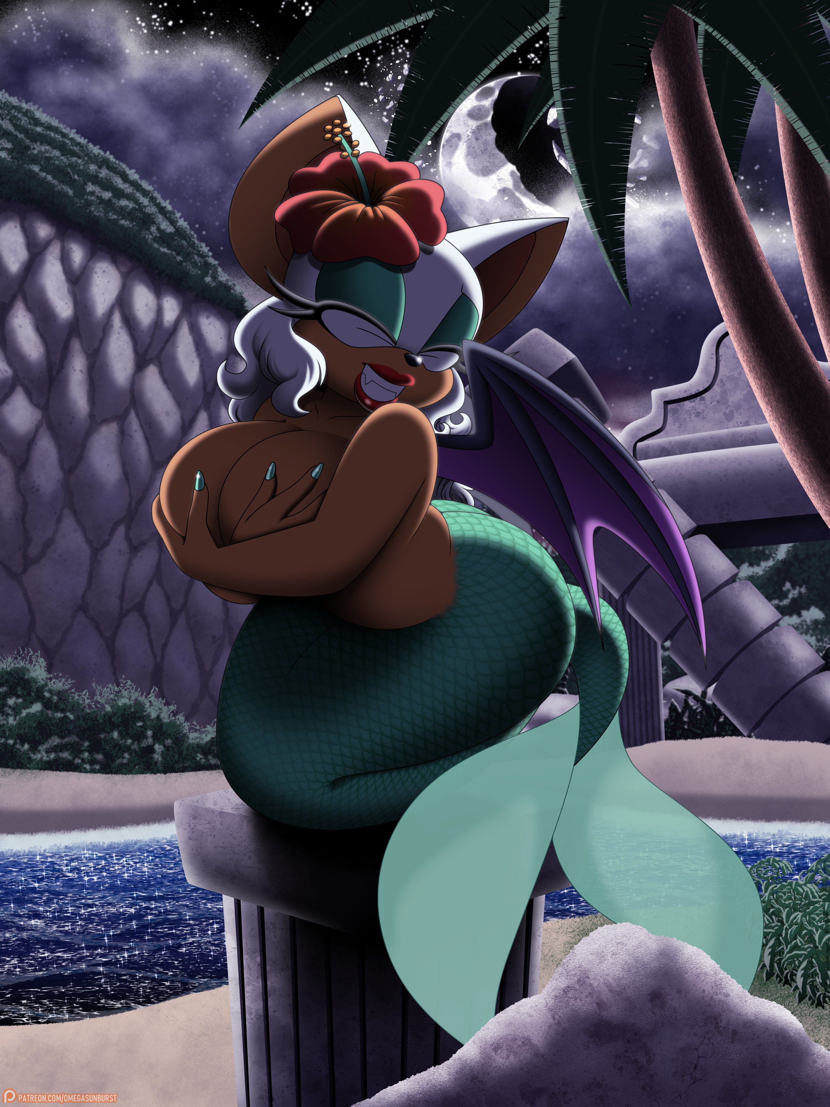 female, merfolk, mermaid, mermaid tail, night, omegasunburst, rouge the bat, sega, sonic (series), voluptuous female
