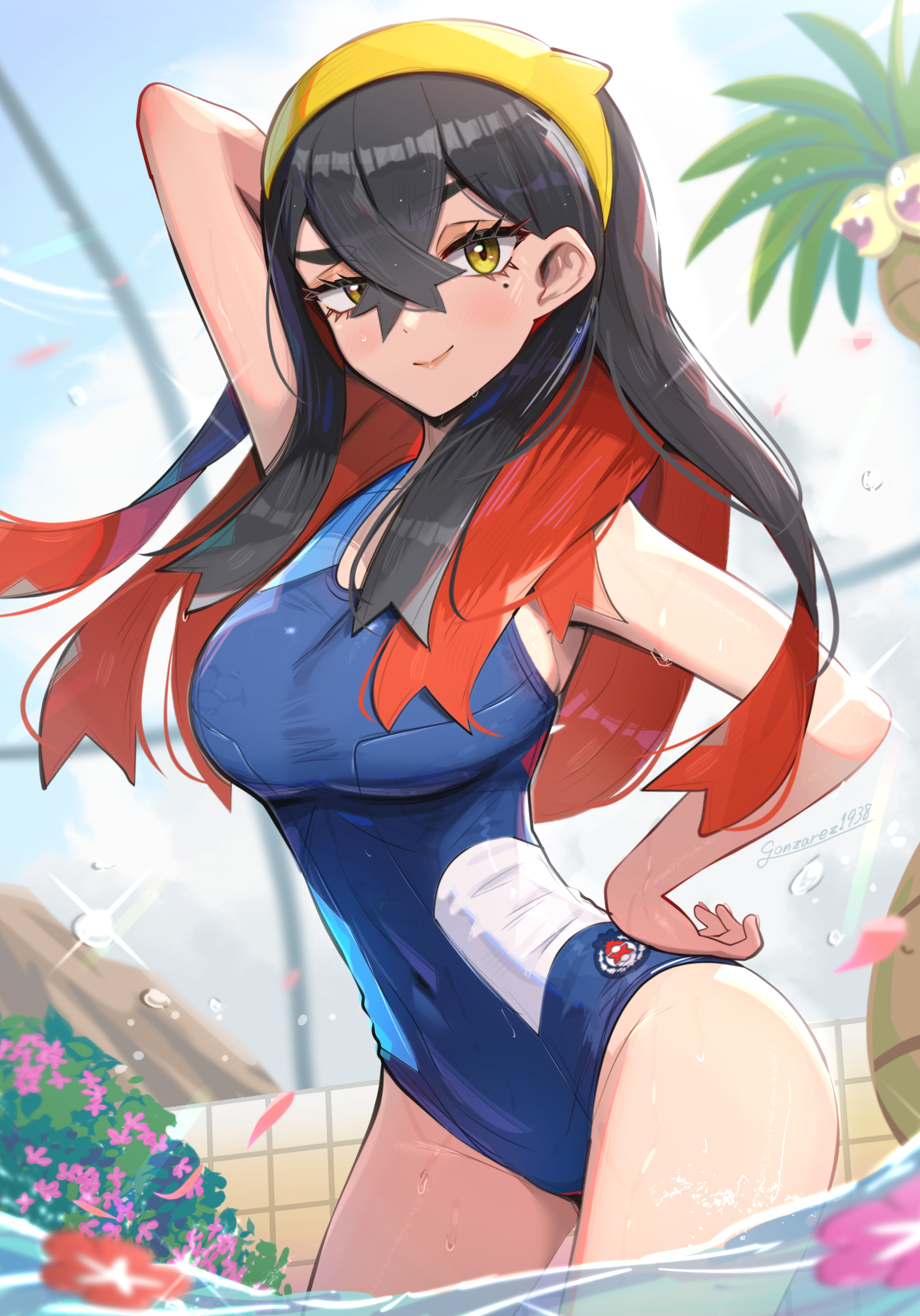 1girls, absurdres, alolan exeggutor, alolan form, arm behind head, black hair, blue one-piece swimsuit, breasts, carmine (pokemon), closed mouth, colored inner hair, crossed bangs, eyelashes, female, female only, gonzarez, hair between eyes, hairband, hand on own hip, highres, long hair, looking at viewer, mole, mole under eye, multicolored hair, nintendo, one-piece swimsuit, partially submerged, pokemon, pokemon (species), pokemon sv, red hair, school swimsuit, smile, swimsuit, two-tone hair, water, yellow eyes, yellow hairband
