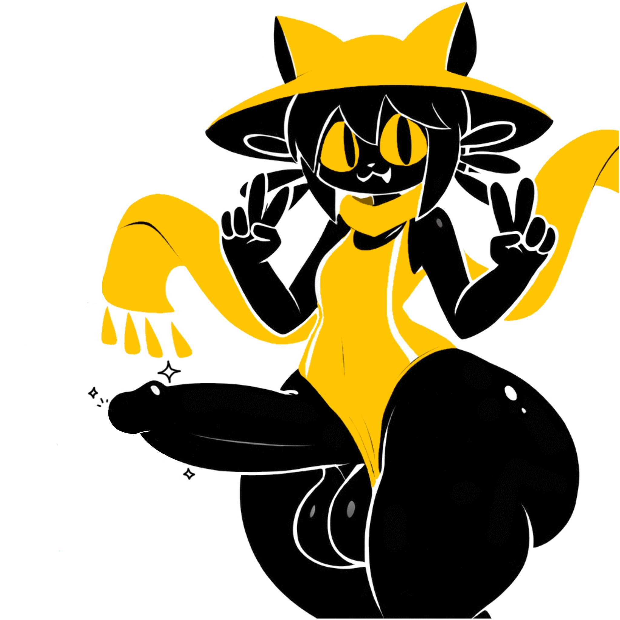 :3, 1boy, 2d, balls, big penis, deadsector, double v, erect penis, erection, femboy, huge ass, huge balls, huge cock, hung femboy, hung trap, looking at viewer, male, male only, niko (oneshot), oneshot, peace sign, penis, smile, smiling at viewer, solo, testicles, thick thighs, white background, wide hips, yellow bikini, yellow eyes, yellow hat, yellow scarf