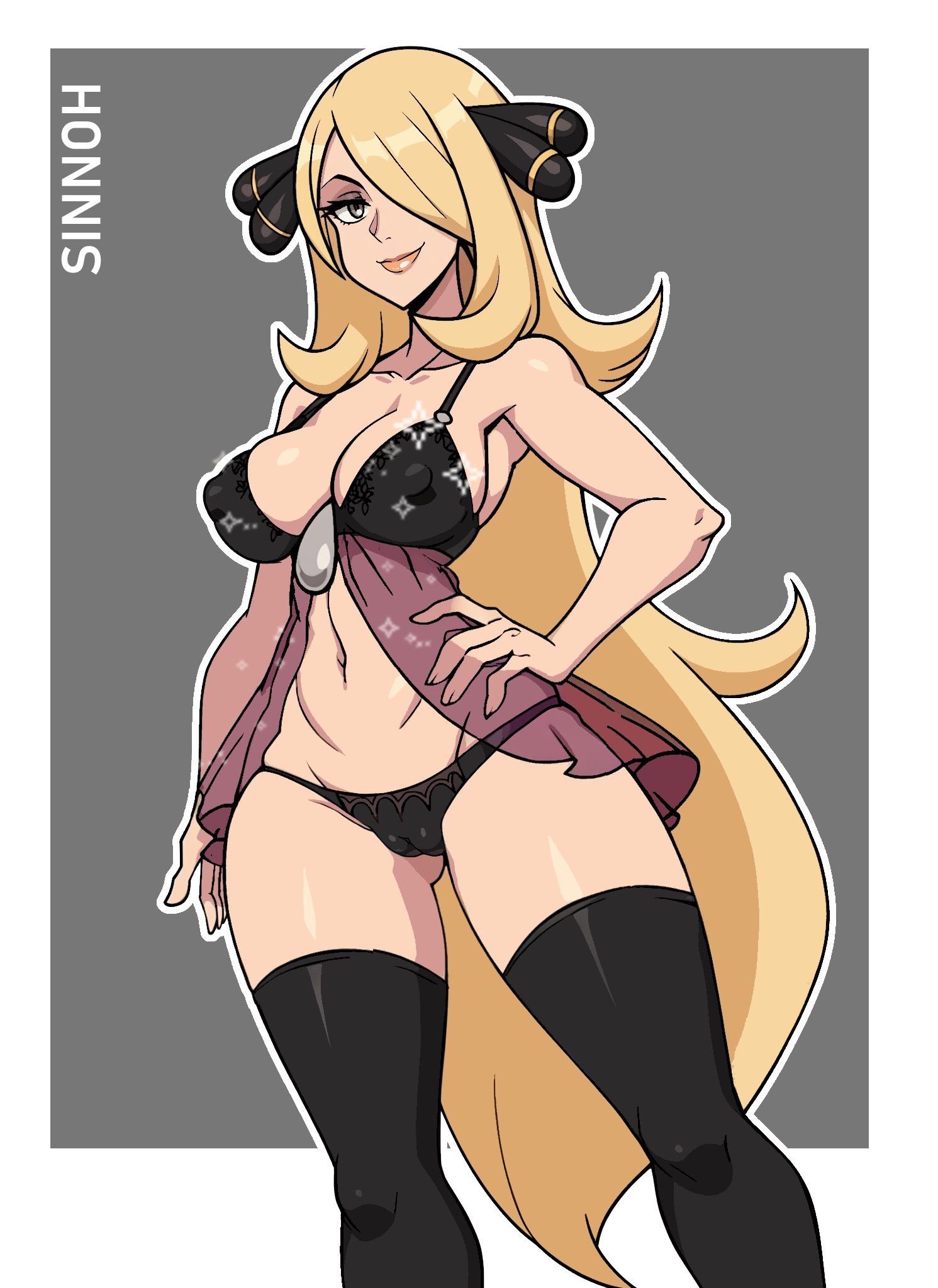 1girls, 2025, black eyes, black thighhighs, blonde hair, bra, cameltoe, cynthia (pokemon), female, female only, hair over one eye, hand on hip, hi res, lingerie, long hair, looking at viewer, nintendo, nipple bulge, panties, pokemon, pokemon dppt, shirona (pokemon), smiling, smiling at viewer, solo, sunny di, thighhighs