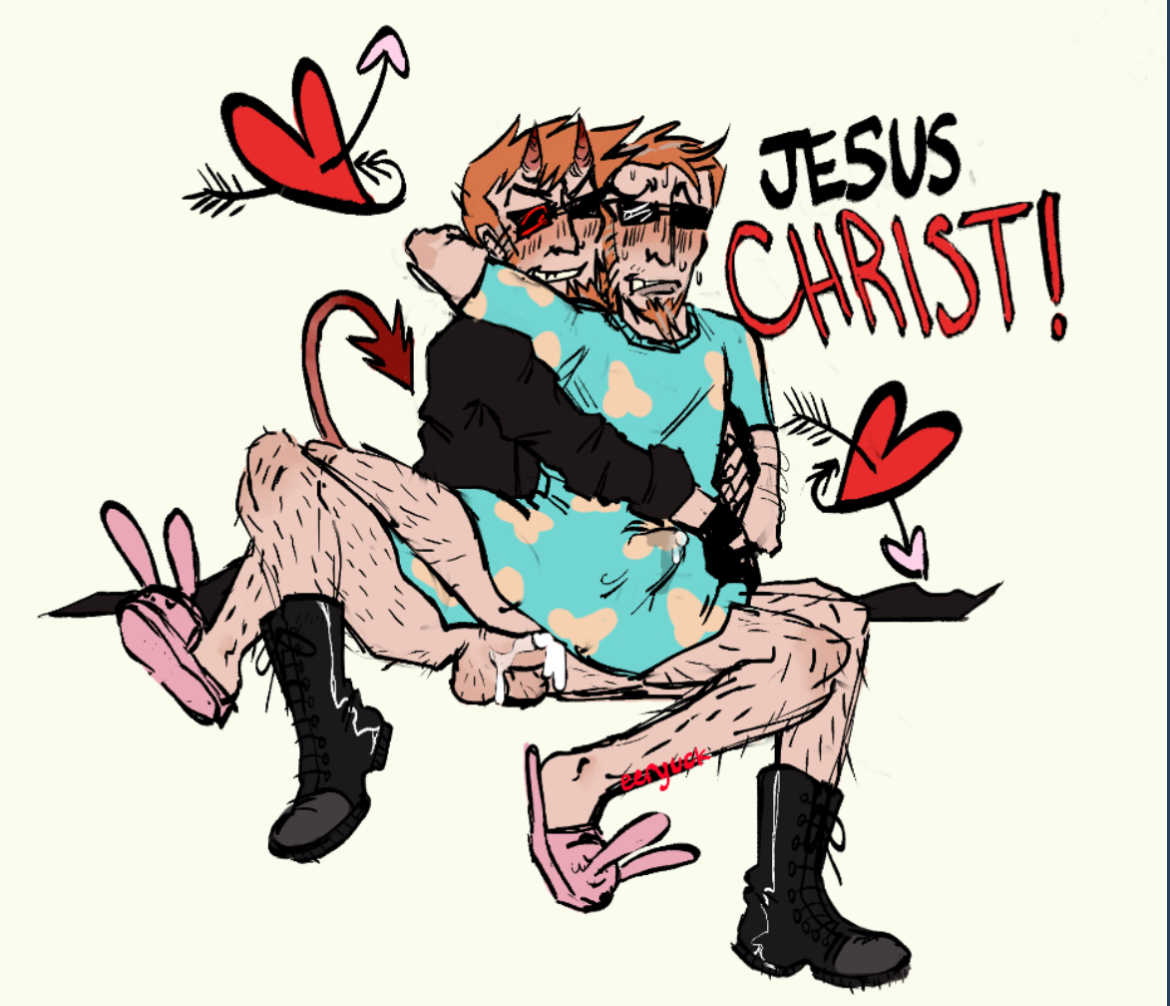 2boys, anal, arrow, balls, ballsack, blush, blushing, boner, boner in gown, boots, bunny slippers, clothed, clothed erection, clothed male, clothed sex, creampie, creampied anus, credits, cum in ass, demon, demon boy, demon horns, demon tail, eeryuck, english text, erection, furrowed brow, ginger, ginger hair, goatee, hairy legs, hairy male, hairy scrotum, heart, horns, hospital gown, male, male only, male/male, no pants, postal (series), postal dude, pubic hair, scrotum, selfcest, shades, smirking, spiky hair, sunglasses, sweatdrop, tail, trenchcoat, white background, yaoi