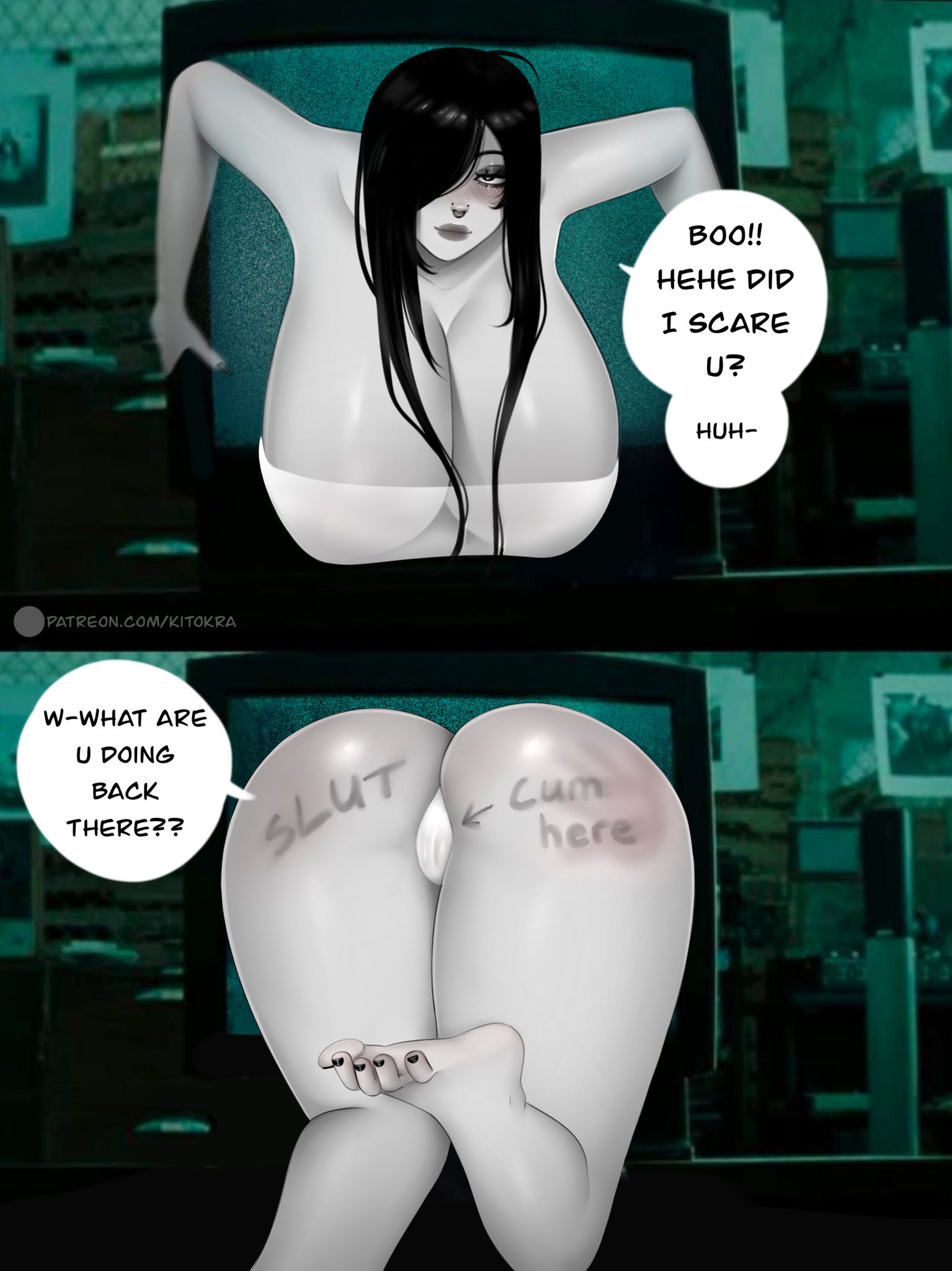 1girls, ass, big ass, black hair, black nails, body writing, breasts, cleavage, coming out of tv, cosplay, dialogue, english text, female, female only, hair over one eye, huge breasts, kit (kitokra), kitokra (artist), long hair, nail polish, nose piercing, nose ring, parody, piercing, piercings, septum piercing, septum ring, solo, speech bubble, text, the ring, toenail polish, yamamura sadako, yamamura sadako (cosplay)