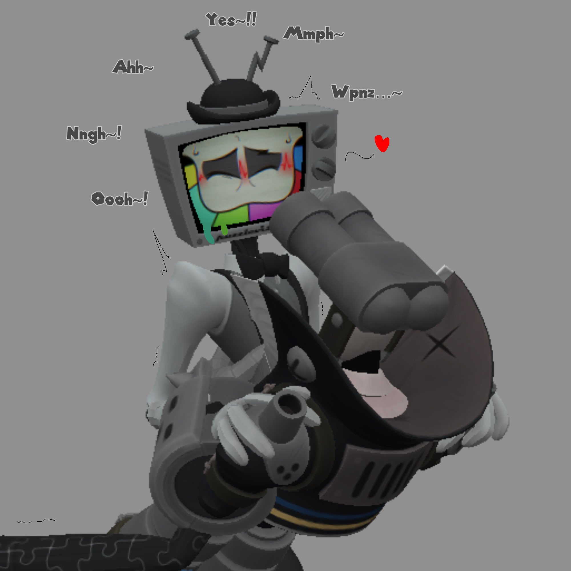 1:1, 2boys, big sub, blush, closed eyes, clothes on, edit, edited, edited image, gay, glitch productions, goodbudsog, grey background, gunshow (smg4 ship), implied sex, lowres, male, male only, motion lines, mr. puzzles, mr. wpnz, no visible genitalia, non-human, non-human only, object head, prisma3d, simple background, small dom, smg4, smg4 art, suggestive, text, tv head