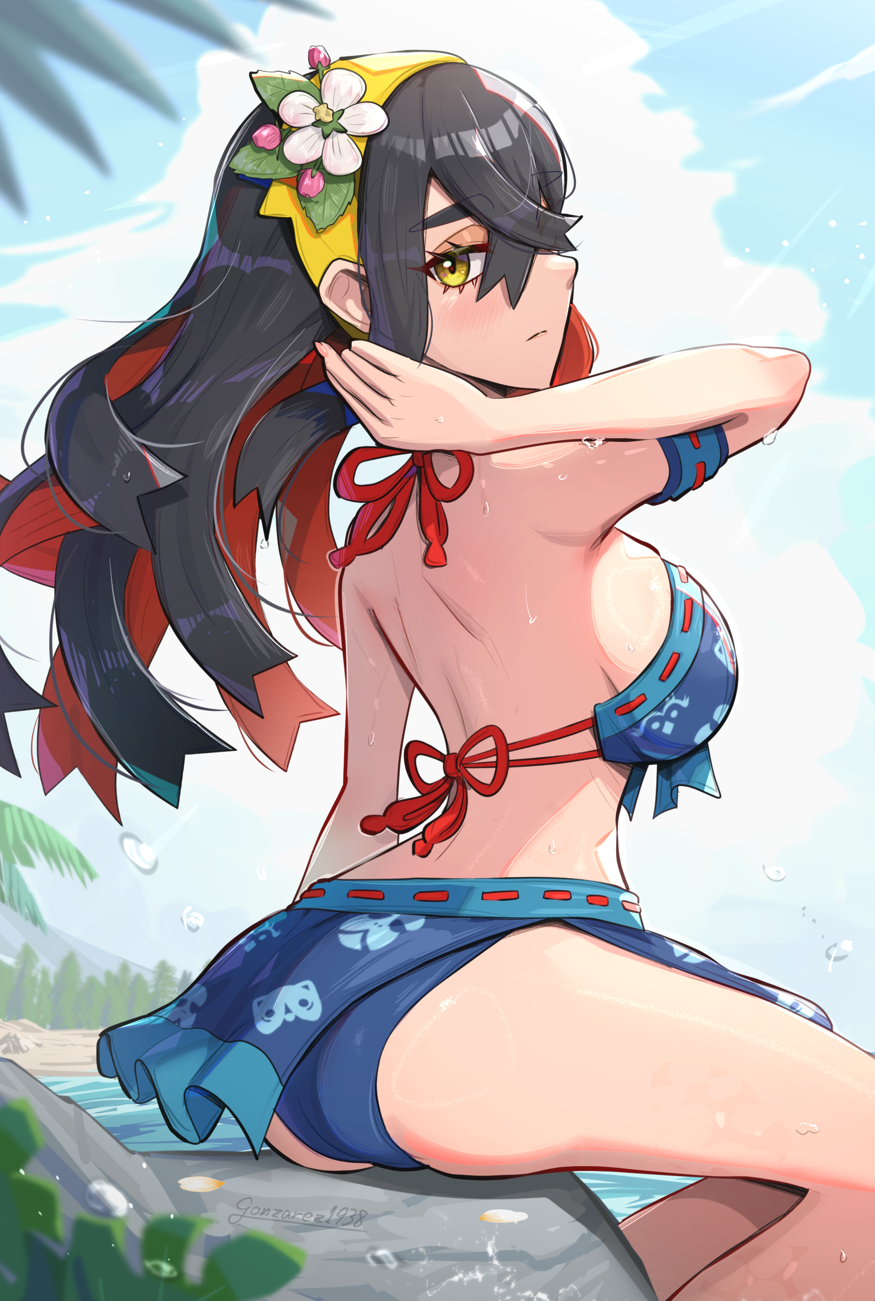 1girls, absurdres, beach, bikini, bikini skirt, black hair, blue bikini, blue sky, breasts, carmine (pokemon), closed mouth, cloud, colored inner hair, crossed bangs, day, eyelashes, female, female only, floating hair, flower, game freak, gonzarez, hair between eyes, hairband, highres, leaf, long hair, medium breasts, multicolored hair, nintendo, ocean, on rock, outdoors, palm tree, pine tree, pink flower, pokemon, pokemon sv, red hair, ribbon trim, ribbon-trimmed bikini, sideboob, sitting, sky, solo, swimsuit, thighs, tree, twitter username, two-tone hair, water, wet, white flower, yellow eyes, yellow hairband