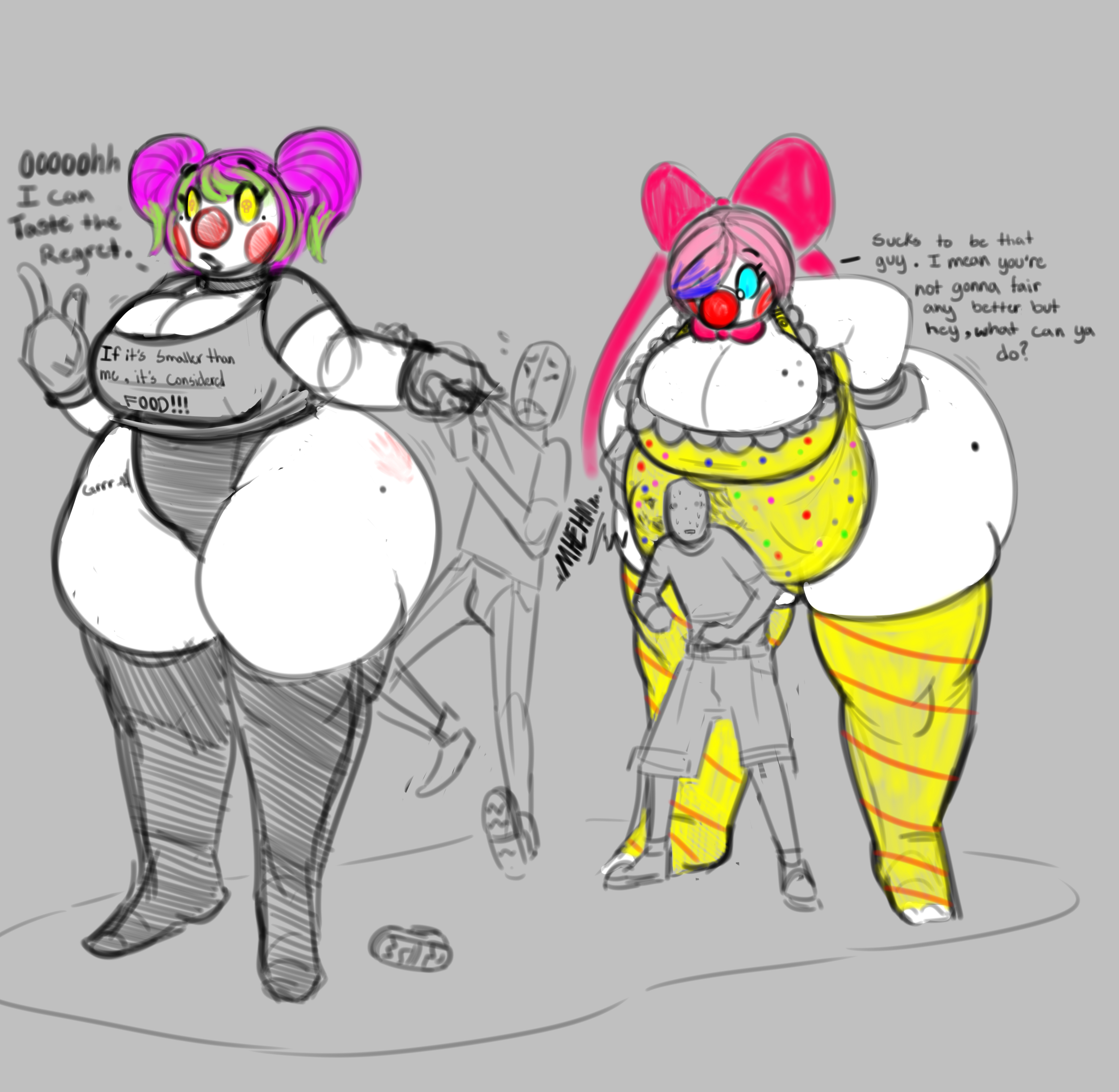 2boys, 2girls, after vore, anonymous male, clown, clown girl, dialogue, digestion, dongwongtang, english text, fatal vore, female, female pred, imminent digestion, imminent vore, male, male prey, post-vore, thick thighs, vore