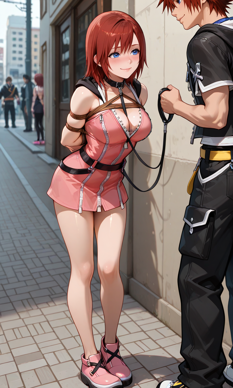 1boy, ai generated, bondage, bound, collar, damsel in distress, female, femsub, kairi, kingdom hearts, kingdom hearts ii, kingdom hearts iii, leash, male, public, restrained, restrained arms, tied, tied up