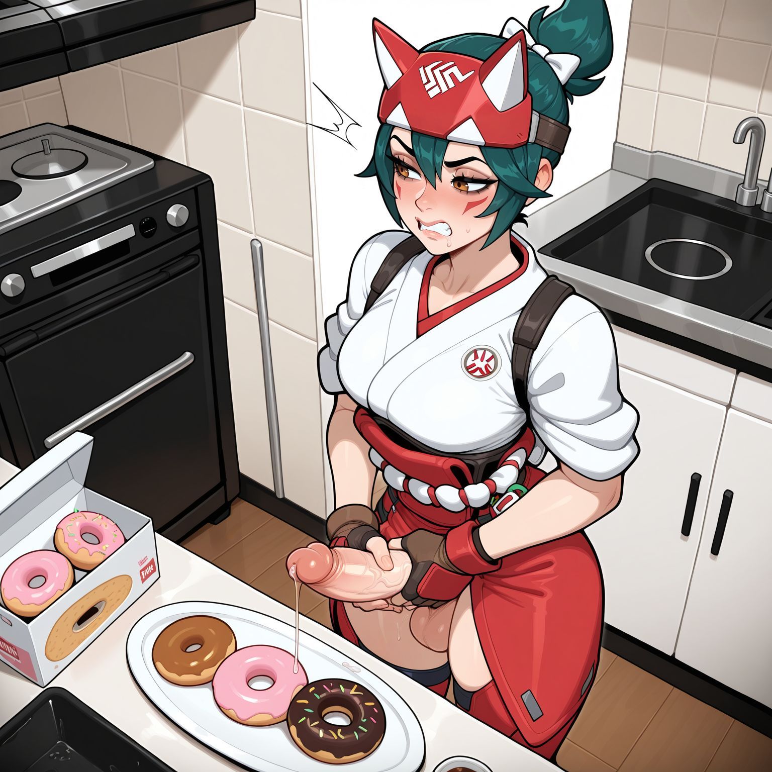 ai generated, animal mask, black gloves, blush, bow, breasts, brown eyes, clothing, doughnut, erection, facial mark, female, food, fox mask, futa masturbation, futanari, gloves, green hair, grin, hair between eyes, hairbow, half mask, handjob, indoors, intersex, japanese clothes, kimono, kiriko (overwatch), kitchen, large penis, lunaart, mask, medium breasts, overwatch, overwatch 2, penis, plate, ponytail, precum, red gloves, rope belt, short hair, sleeves rolled up, smile, solo, stove, teeth, topknot, traditional clothes, veins, veiny penis, wafuku, white bow, white kimono