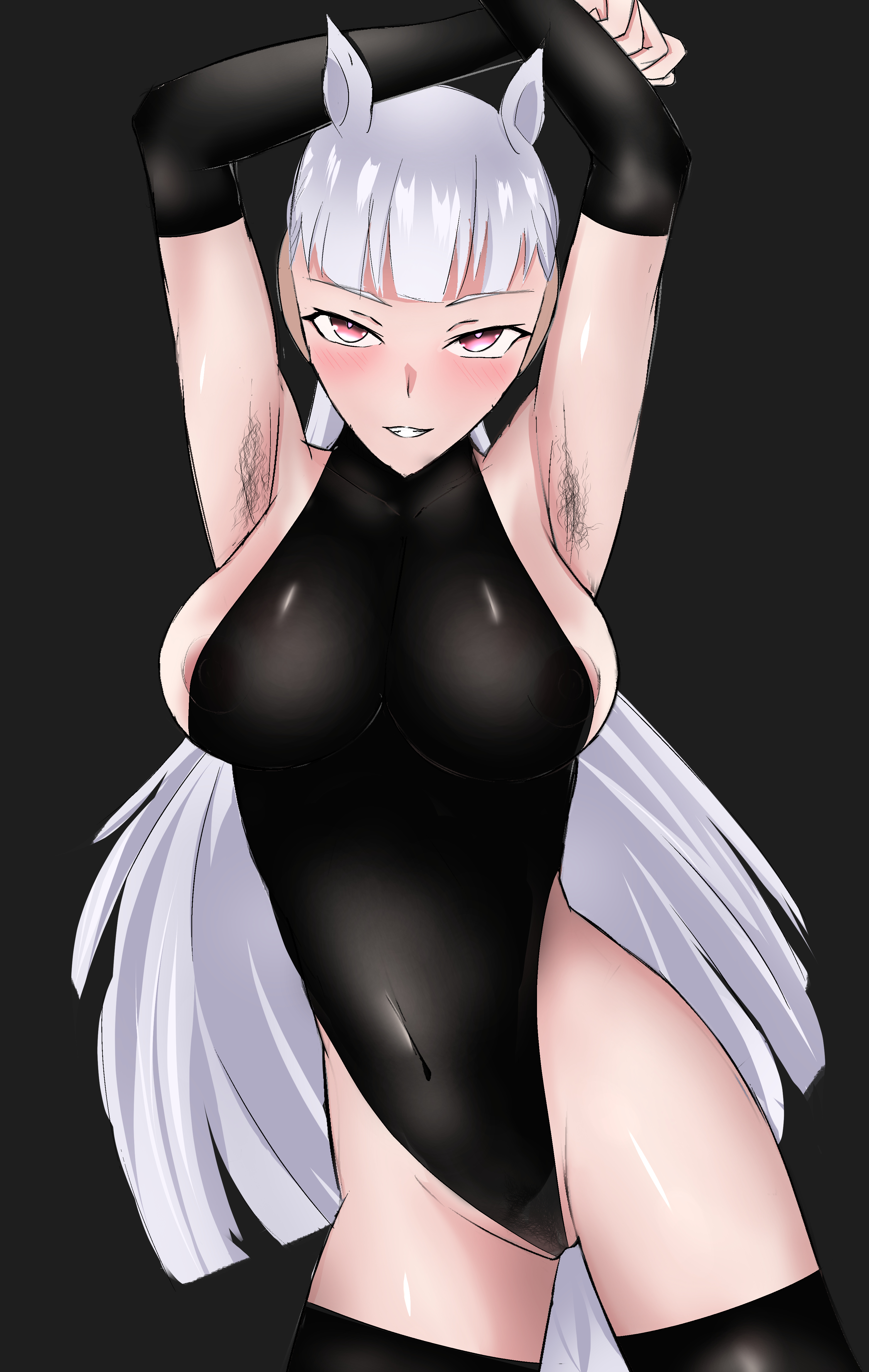1girls, areolae, areolae slip, armpit hair, armpits, arms above head, arms up, armwear, bangs, belly button, belly button visible through clothing, big breasts, black armwear, black background, black bodysuit, black legwear, black thighhighs, blunt bangs, blush, bodysuit, breasts, cameltoe, female, gold ship (umamusume), horse ears, horse girl, horse tail, lavender hair, light hair, light skin, light-skinned female, long hair, looking at viewer, pink eyes, seductive look, simple background, skin tight, skintight, skintight bodysuit, smile, solid color background, solo, solo female, solo focus, tail, thighhighs, umamusume, umamusume pretty derby, visible areolae