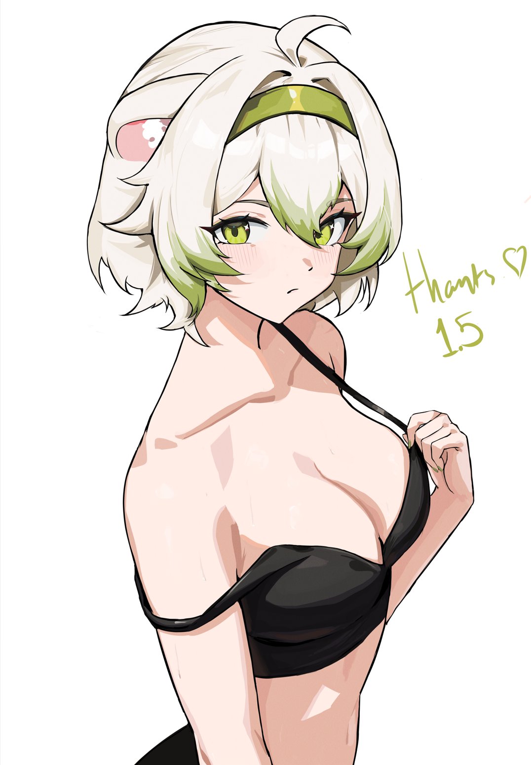 1girls, ahoge, animal ears, bra, breasts, cleavage, female, female only, ferret girl, green eyes, green hair, hairband, indie virtual youtuber, laimu, laimu (2nd costume), lingerie, looking at viewer, medium breasts, medium hair, petite, posing, sexy, solo, strap slip, teasing, ttsyrene, undressing, virtual youtuber, vtuber, white hair