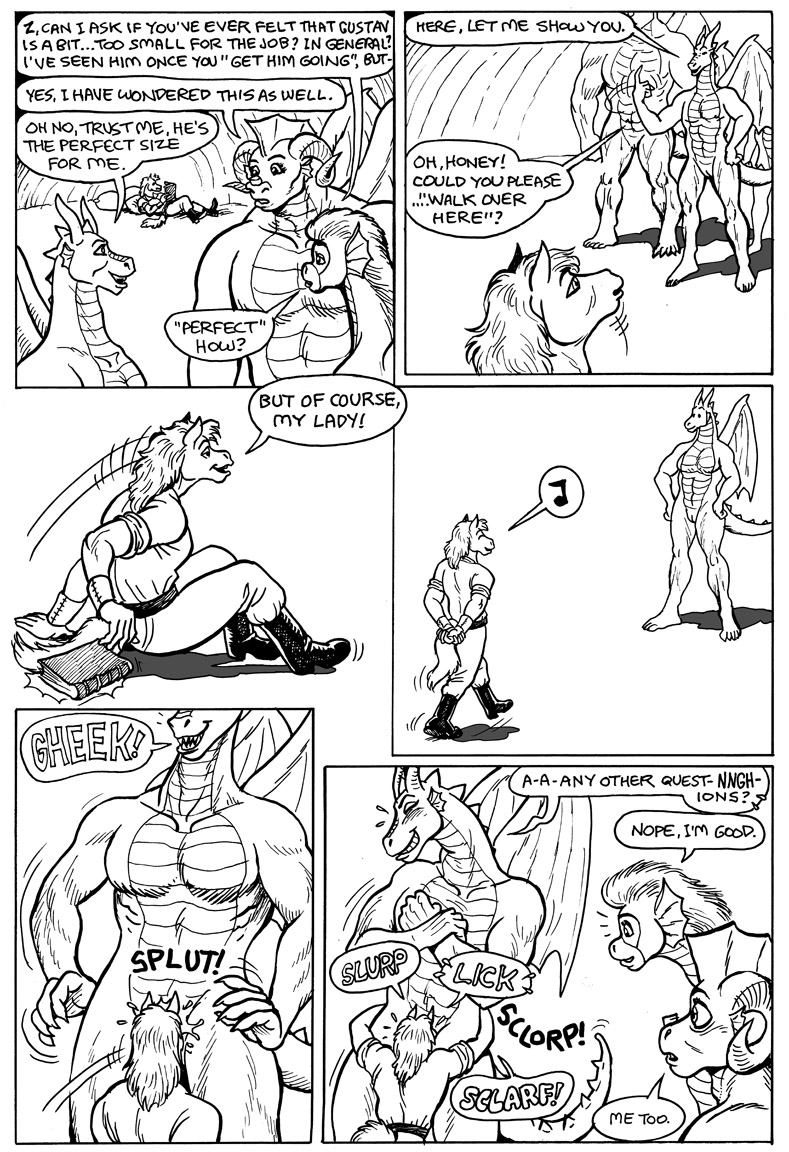 2020 anthro bessy black_and_white clothed clothing comic cunnilingus dragon english_text equid equine female genitals gustav_(here_there_be_dragons) here_there_be_dragons horse karno male mammal monochrome olga oral pussy sex speech_bubble straight text vaginal_penetration zashy