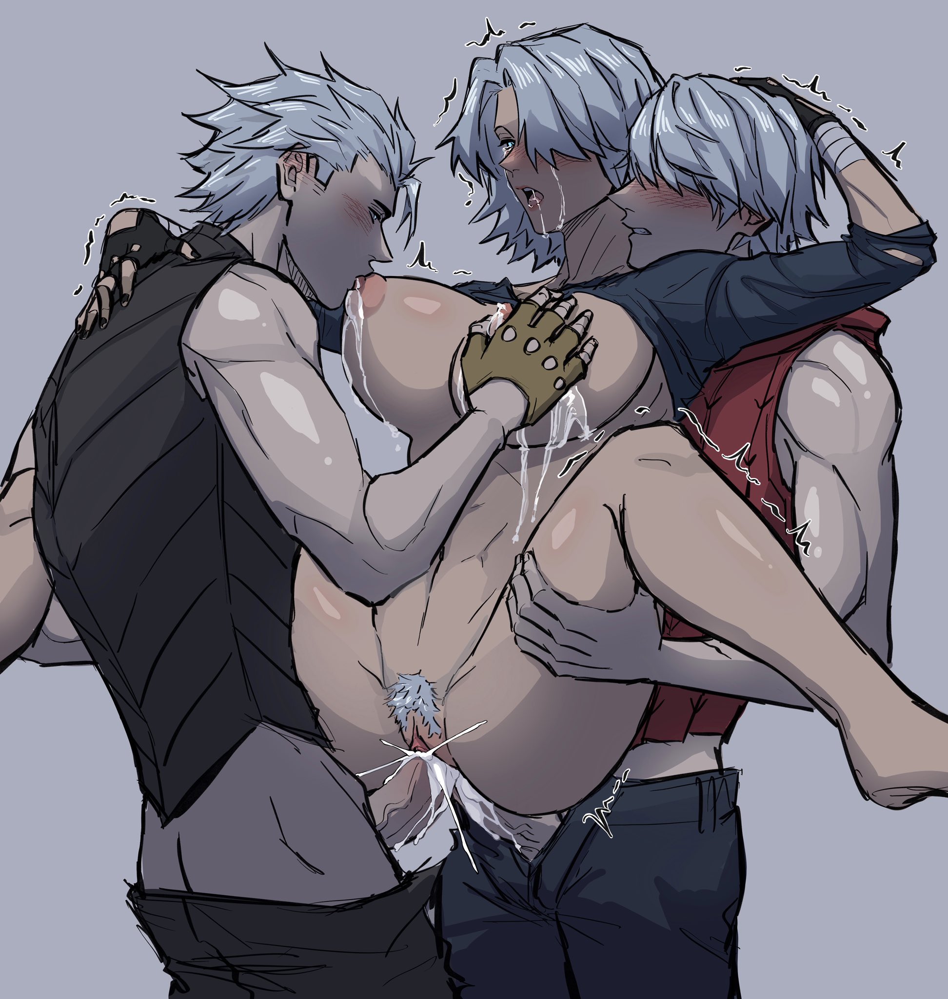 1girls, 2boys, anal, barefoot, big breasts, blush, breastfeeding, breastfeeding during sex, breasts, carpet matching drapes, clothed male nude female, crying, cum, cum in ass, cum in pussy, cum inside, dante (devil may cry), devil may cry, devil may cry (series), double penetration, double vaginal penetration, female, female penetrated, genderswap, incest, lactating during sex, lactation, male, male penetrating, male penetrating female, mmf threesome, nero (devil may cry), pants, pants down, penis, penis in ass, penis in pussy, pichuuuchan, pubic hair, pussy, rule 63, shaking, silver hair, spread legs, sucking nipples, suspended double penetration, threesome, vaginal penetration, vergil (devil may cry)