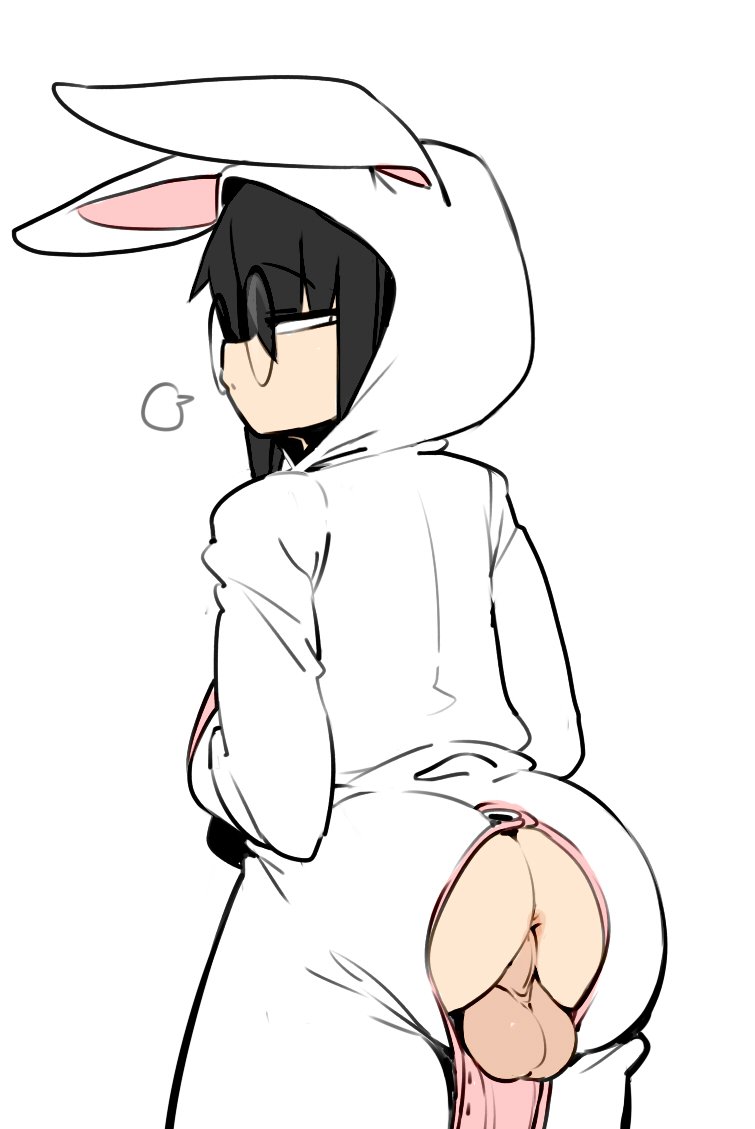 1boy, anus, assless chaps, backsack, balls, ballsack, black hair, bunny ears, doppel, femboy, glasses, male, male only, onesie, original character, perineum, potty peril, short hair, solo, taint, trap