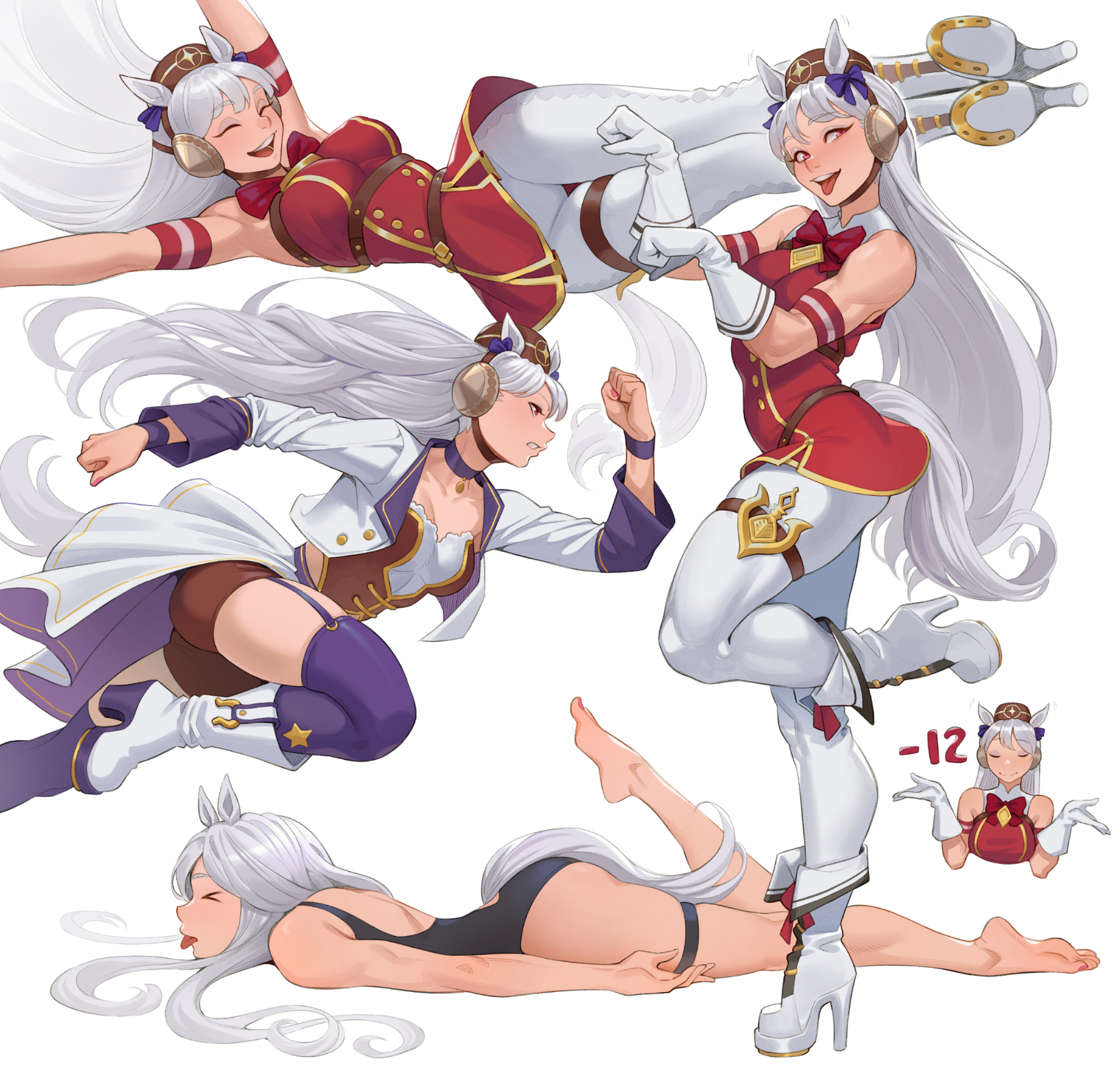 1girls, animal ears, ass, bare shoulders, boots, breasts, cheshirrr, choker, clothed, clothing, female, female only, fully clothed, gloves, gold ship (umamusume), hair, heel boots, horse ears, horse girl, horse tail, long hair, red eyes, sportswear, tail, thighhighs, tongue, tongue out, umamusume, umamusume pretty derby, white hair