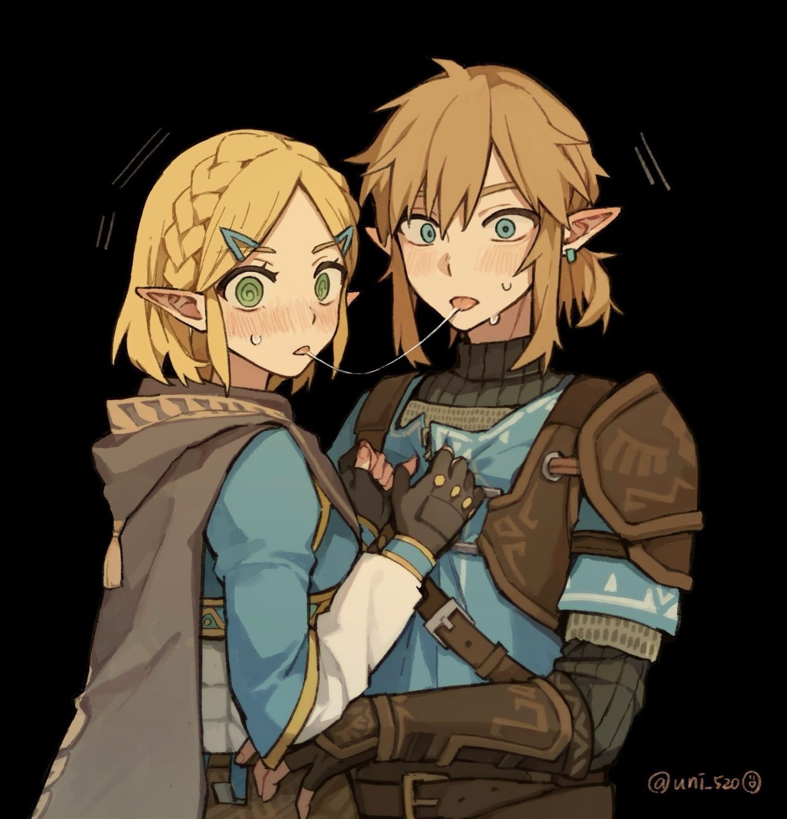 1boy, 1girls, blush, caught, clothed, female, french kiss, french kissing, interrupted, kissing, link, link (tears of the kingdom), male, princess zelda, saliva, tears of the kingdom, the legend of zelda, trance, uni 520, unzipping, zelda (tears of the kingdom)