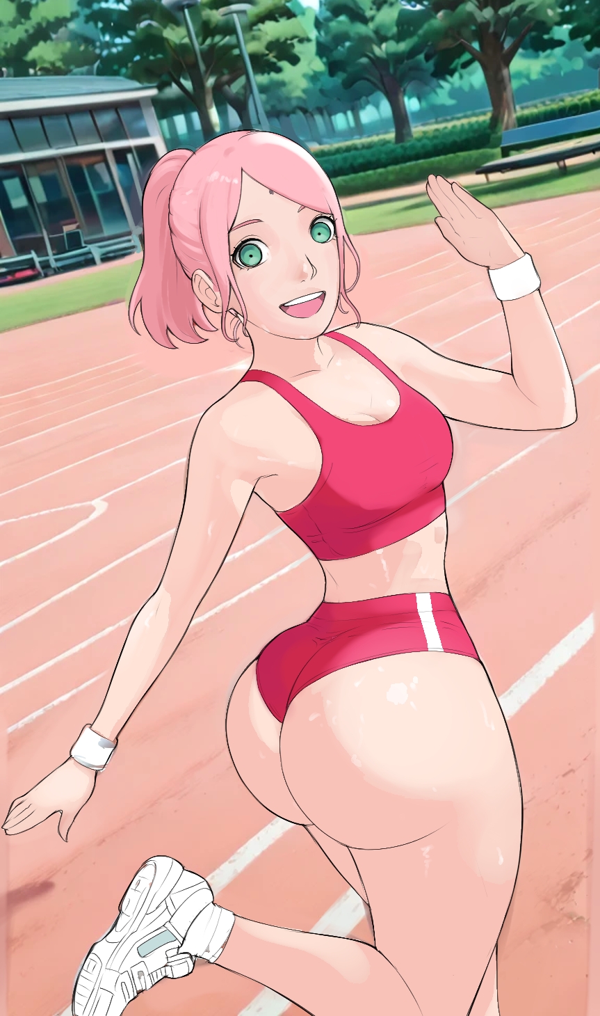 alternate costume, alternate hairstyle, ass, bare shoulders, bench, biggies00, boruto: naruto next generations, breasts, bush, collarbone, commentary, english commentary, female, grass, green eyes, highres, huge ass, looking at viewer, mature, mature female, milf, naruto, naruto (series), pink hair, ponytail, race track, running, sakura haruno, shoes, smile, sneakers, solo, standing, teeth, thick ass, thick thighs, thighs, tied hair, tree, viewed from behind, voluptuous, waving, waving at viewer, waving hand, wedgie, workout clothes, wristband