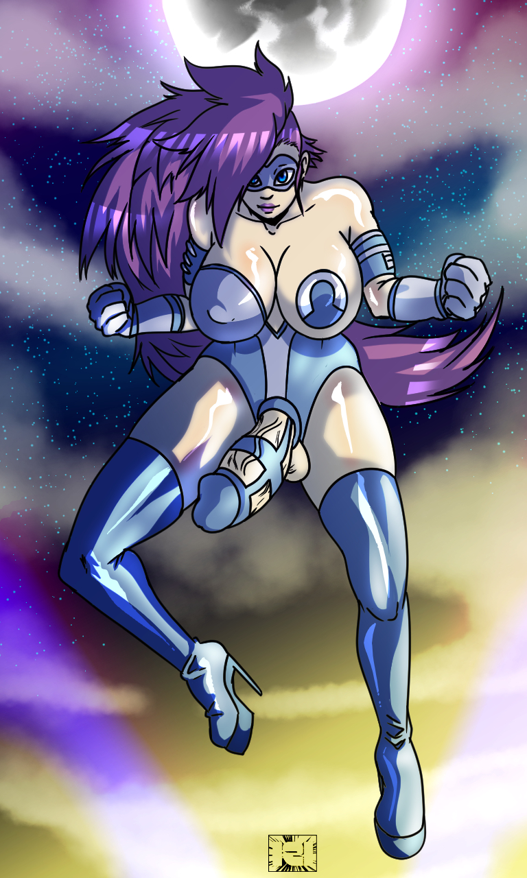 121gigawatts 1futa balls blue_eyes boots breasts cleavage costume curvy erect_nipples erection flying futa_only futanari gloves hair hero huge_breasts intersex large_balls large_penis light_skin mask moon nipple_bulge nipples outfit penis penis_out purple_hair solo suit superhero the_phantom_futa thighhighs veiny_penis