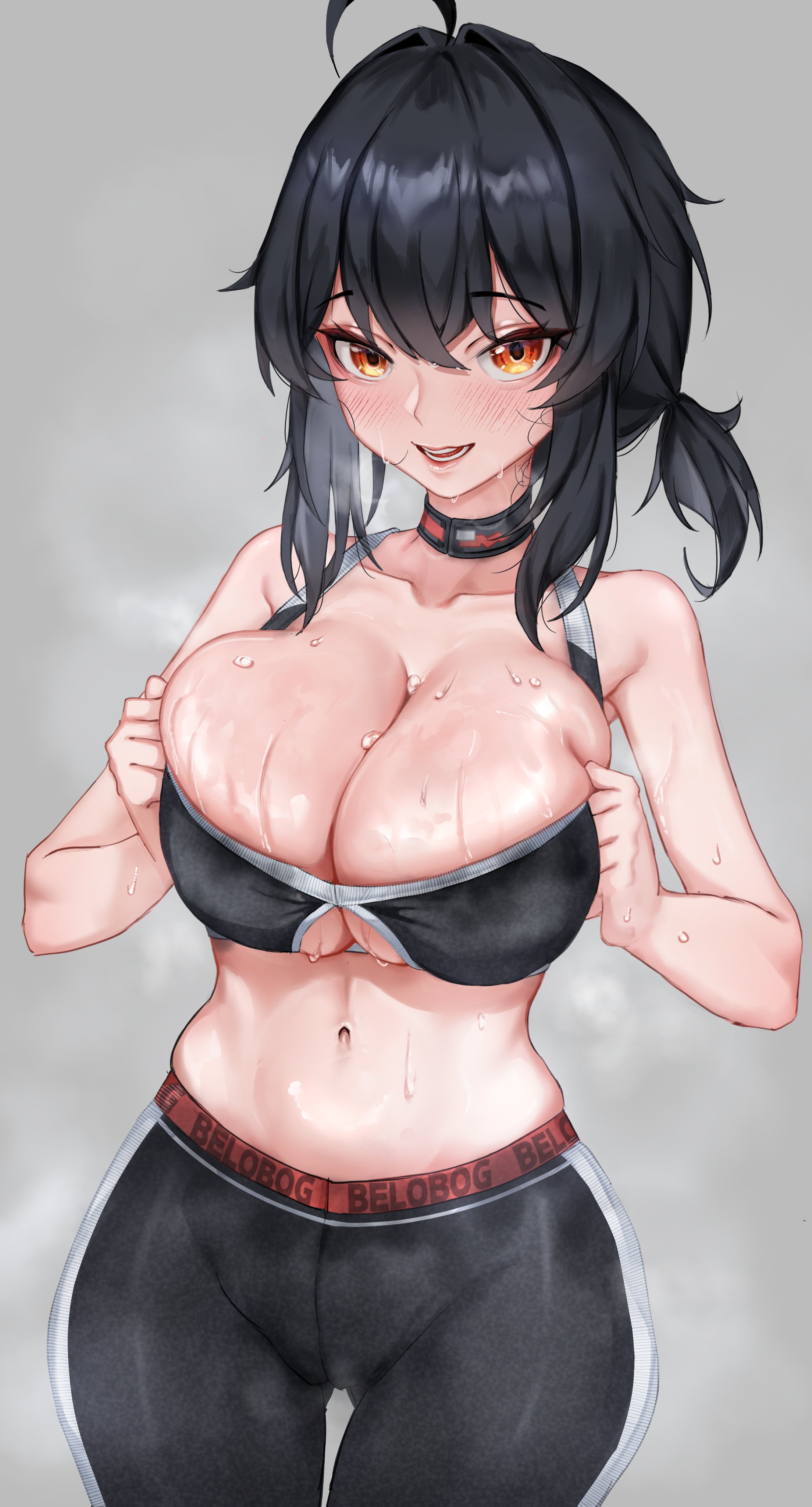 about to burst, absurdres, aegyo sal, ahoge, barely contained, barely contained breasts, barely fits, black bra, black collar, black hair, black pants, blush, bra, breasts, breasts squeezed together, breasts too big, bursting breasts, cleavage, collar, collarbone, female, grace howard, grey background, highres, imminent wardrobe malfunction, inconvenient boobs, inconvenient breasts, large breasts, lunarisbloom, lunarisbloom (artist), midriff, navel, orange eyes, pants, parted lips, solo, steaming body, straining clothing, sweat, tight clothes, tight clothing, tight fit, tight fitting clothing, too tight, undersized clothes, undersized clothing, underwear, yoga pants, zenless zone zero