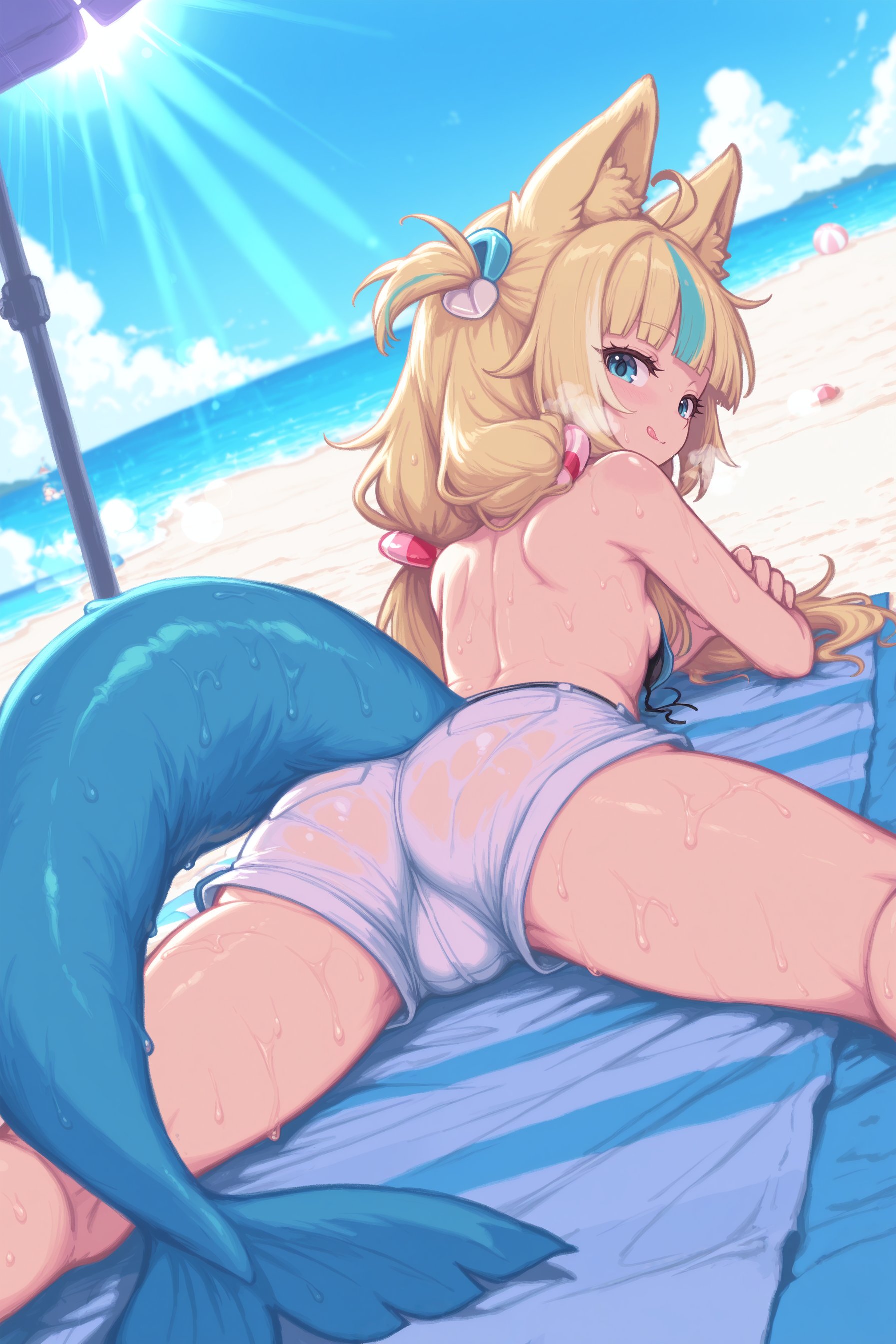 1girls, ai generated, beach, beach ball, beach towel, beach umbrella, blonde hair, cat ears, female, fish tail, licking lips, pussy, pussy visible through clothes, sameko saba, sweating, sweaty back, sweaty legs, sweaty tail, tagme, twintails, virtual youtuber, vtuber