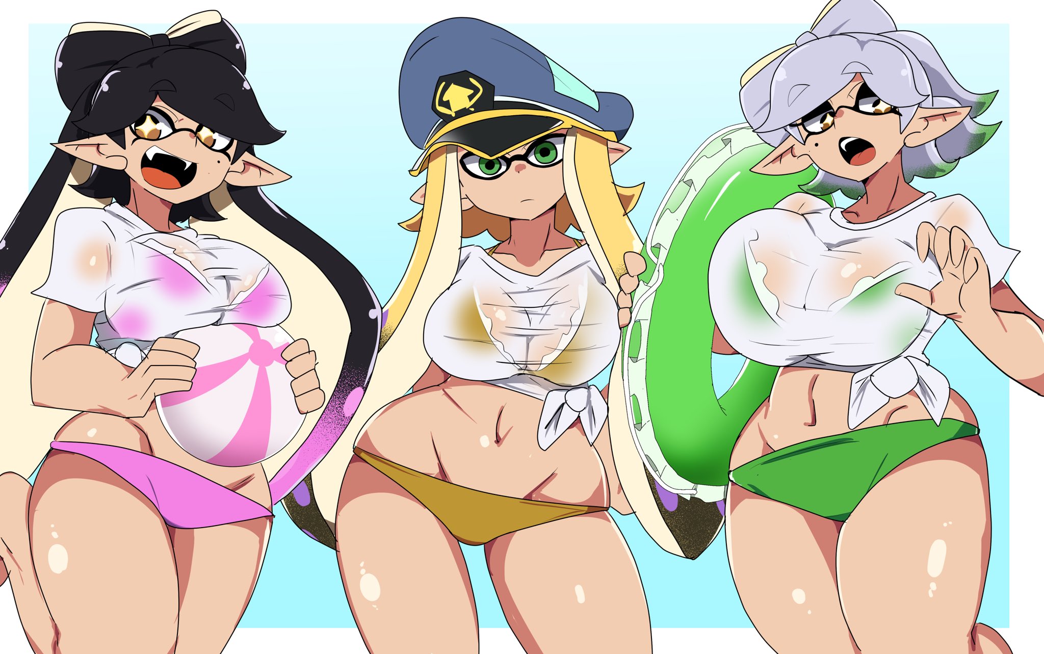 + +, 3girls, agent 3 (splatoon 3), agent 3 (splatoon), ball, beach ball, big breasts, bikini, breasts, callie (splatoon), captain (splatoon 3), chicken rib, cleavage, female, huge breasts, inkling, inkling girl, looking at viewer, marie (splatoon), nintendo, shirt, splatoon, splatoon (series), splatoon 3, splatoon 3: return of the mammalians, squid sisters, summer, tentacle hair, transparent clothing, twitter link, two-tone hair, wet shirt