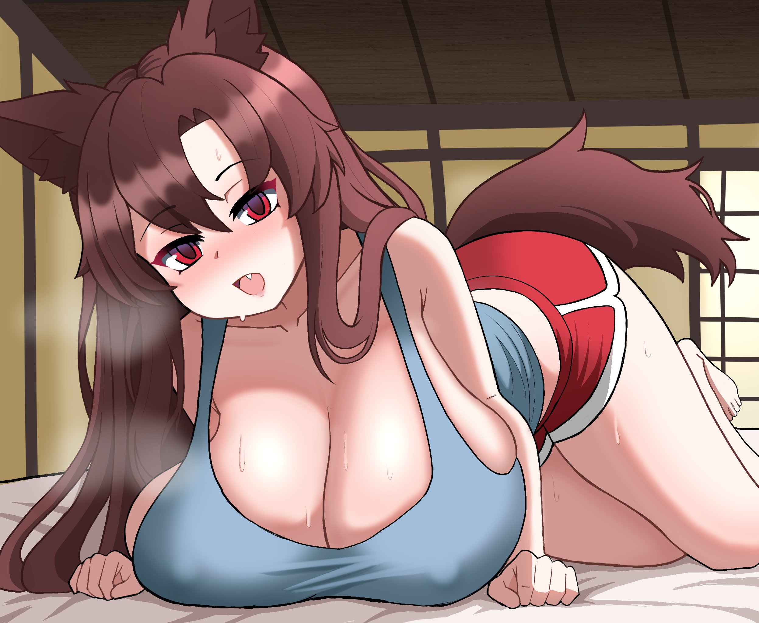 1girls, aroused, breasts, brown hair, darkwrath, empty eyes, fang, female, female only, heavy breathing, huge breasts, in heat, kagerou imaizumi, kemonomimi, light-skinned female, long hair, lying on side, on stomach, red eyes, steam, sweat, sweaty, thick thighs, tongue out, touhou, werewolf, wide hips, wolf ears, wolf girl, wolf tail