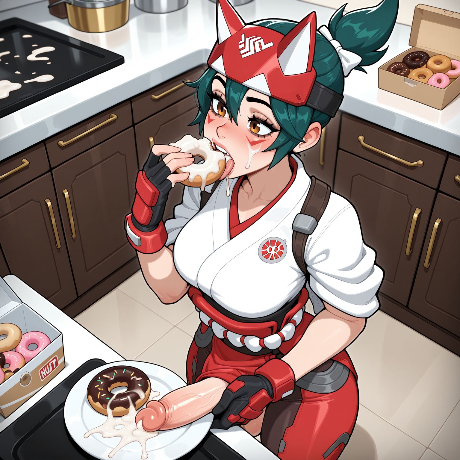 after fellatio, ai generated, animal mask, balls, black gloves, blush, bow, breasts, brown eyes, clothing, cum, cum in mouth, cum on food, cum on self, cum on tongue, doughnut, eating, erection, facial, facial mark, female, fingerless gloves, food, fox mask, futa masturbation, futanari, gloves, green hair, hair between eyes, hairbow, hakama, half mask, holding, holding food, holding plate, indoors, intersex, japanese clothes, kimono, kiriko (overwatch), kitchen, lunaart, mask, mask on head, medium breasts, miko, open mouth, overwatch, overwatch 2, penis, plate, ponytail, red gloves, rope belt, semen, short hair, sleeves rolled up, solo, teeth, testicles, tongue, tongue out, topknot, upper teeth only, veins, veiny penis, white bow, white kimono