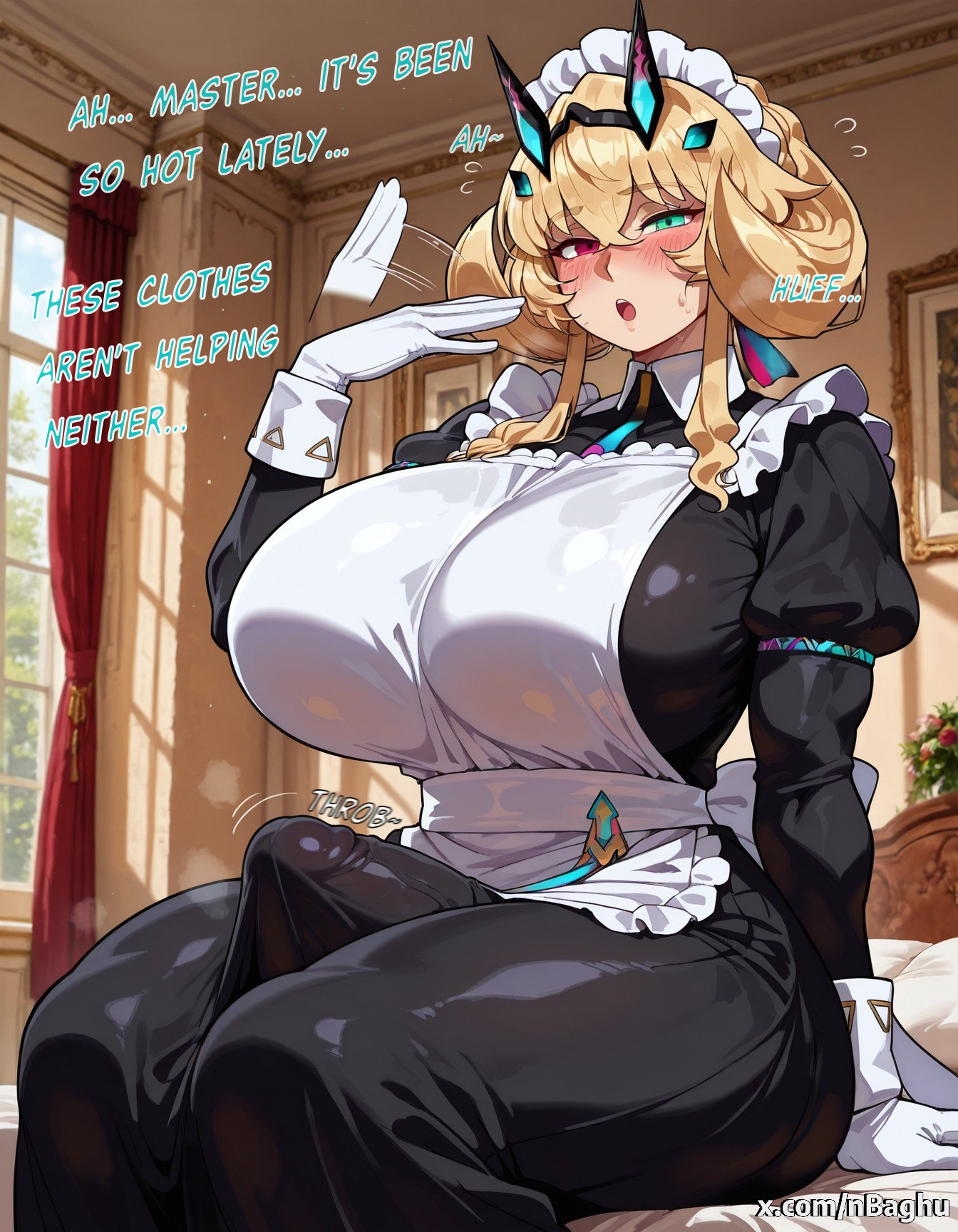 1futa, ai generated, alternate costume, apron, barghest (gawain) (fate), barghest (swimsuit archer) (second ascension) (fate), biceps, big breasts, big penis, black dress, blonde hair, blush, breasts, curvy, dress, english, english dialogue, english text, erection, erection under clothes, fate (series), fate/grand order, female, futa only, futanari, gloves, green eyes, hair up, heterochromia, huge breasts, intersex, large breasts, large penis, light-skinned futa, long sleeves, looking at viewer, maid, maid headdress, maid uniform, muscular, muscular female, nbaghu, official alternate costume, penis, red eyes, solo, solo focus, thick thighs